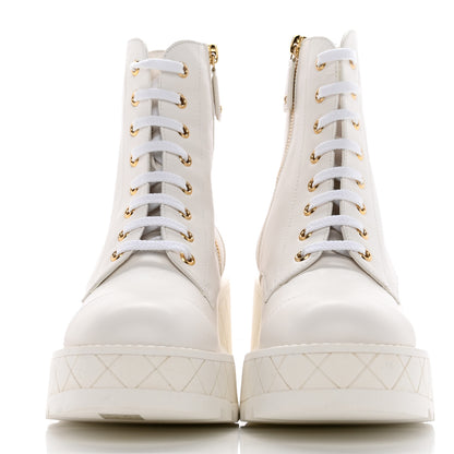 Chanel Lambskin Quilted Lace Up Wedge Combat Boots 37.5 White 2 of 18