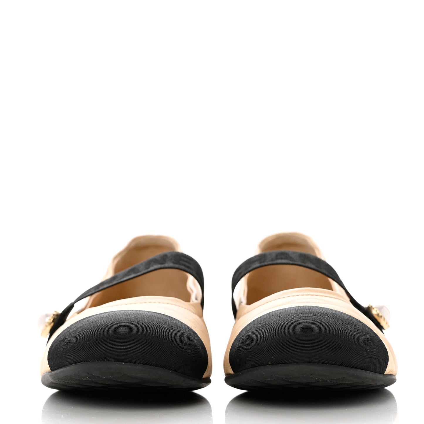 Lambskin Grosgrain Pearl Cap Toe Ballerina Flats 40 Beige Black