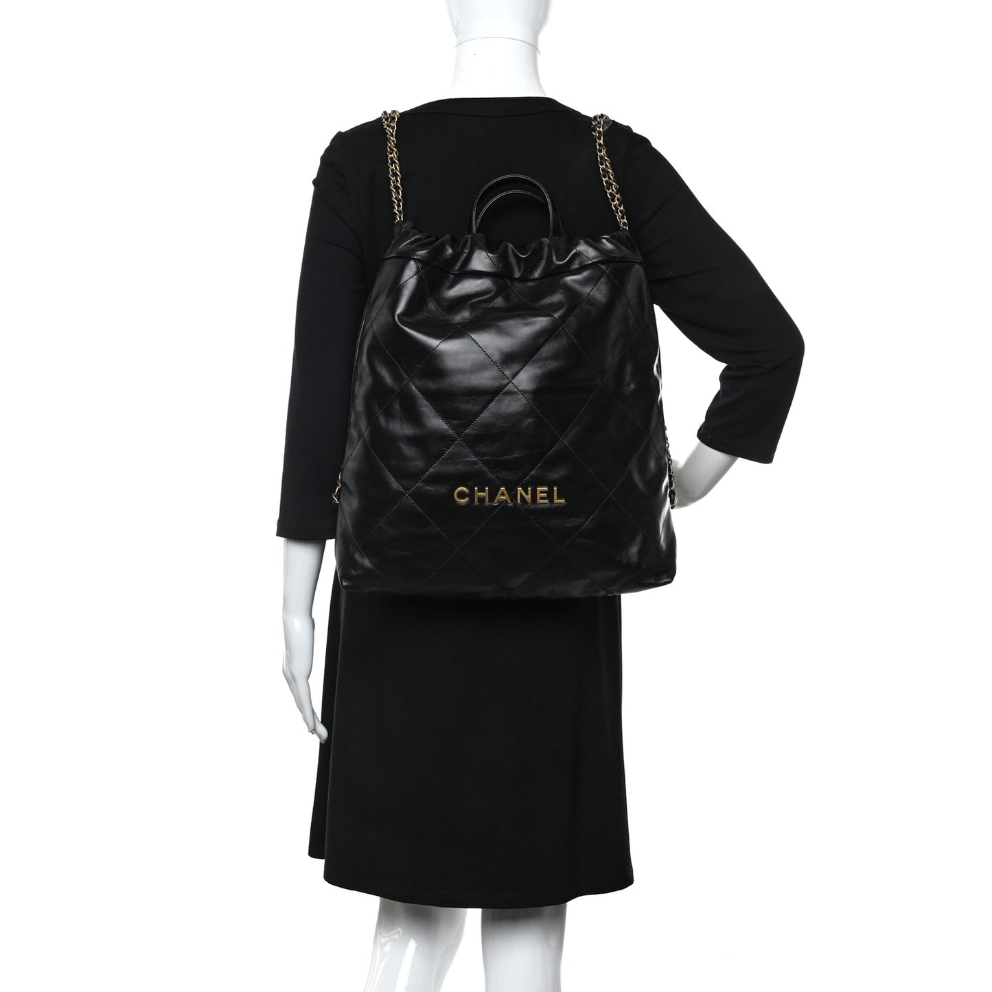 Shiny Calfskin Quilted Chanel 22 Backpack Black