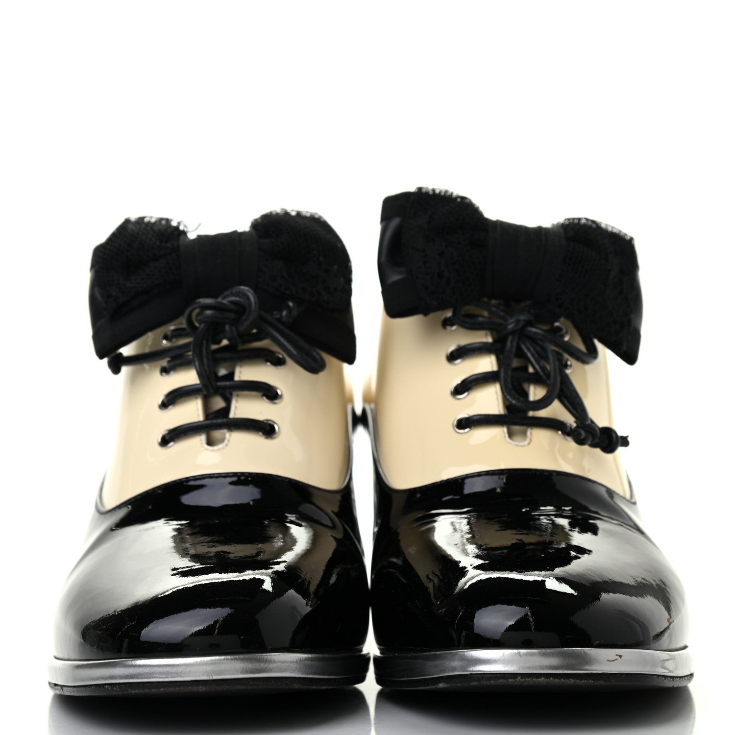 Chanel Patent Calfskin CC Bow Lace Up Oxford Pumps 37.5 Beige Black 2 of 8