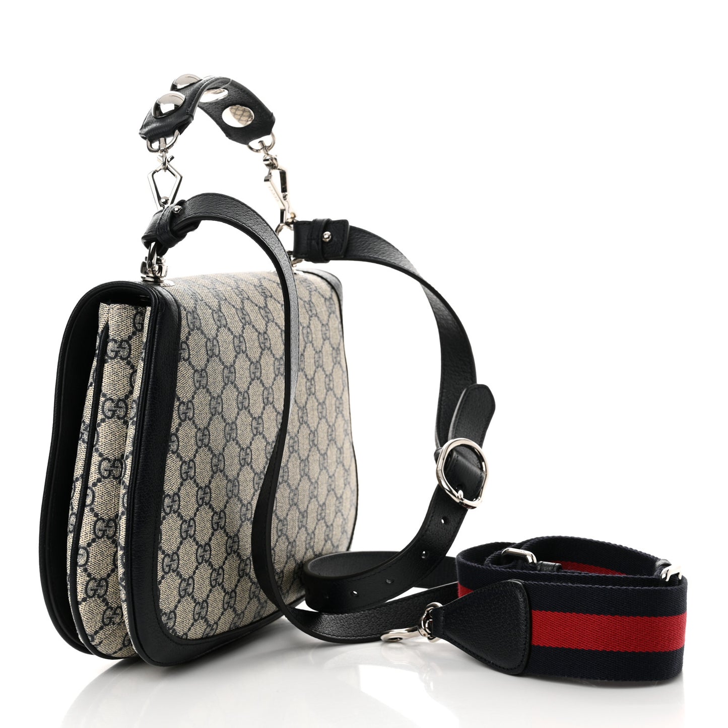 GG Supreme Monogram Textured Dollar Calfskin Web Medium Blondie Top Handle Shoulder Flap Bag Beige Blue