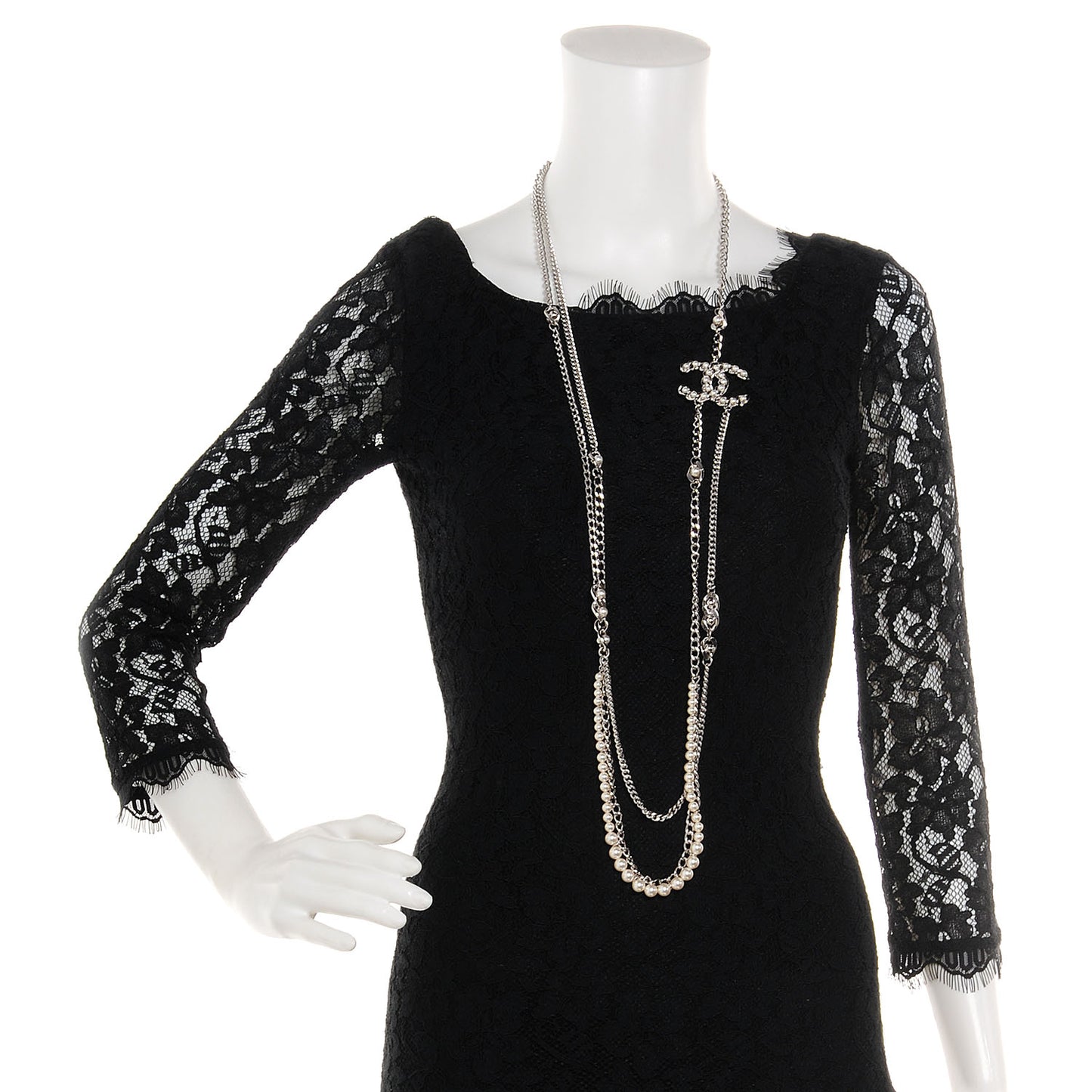 Pearl CC Long Chain Necklace Silver