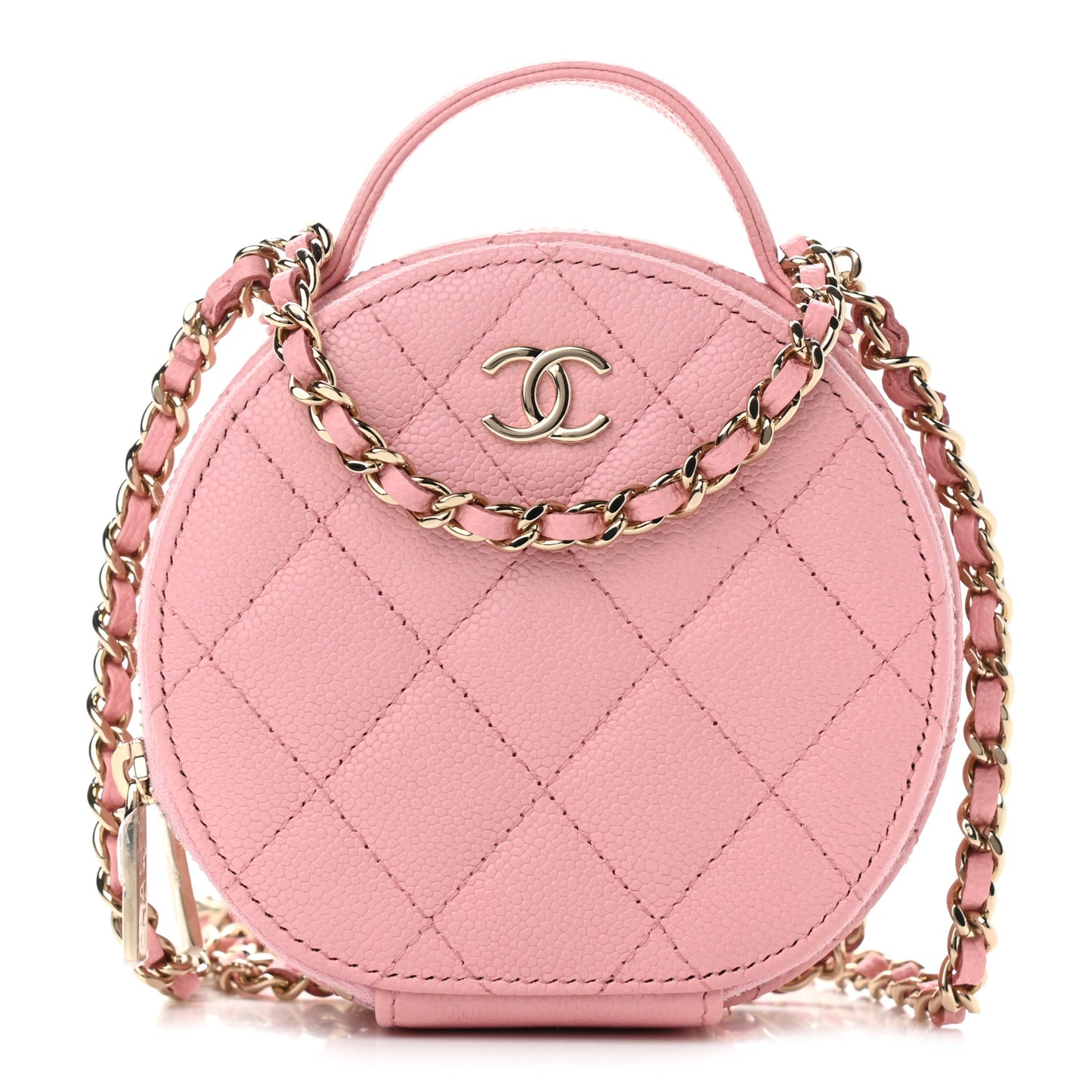 Caviar Quilted Round Handle With Care Vanity With Chain Pink