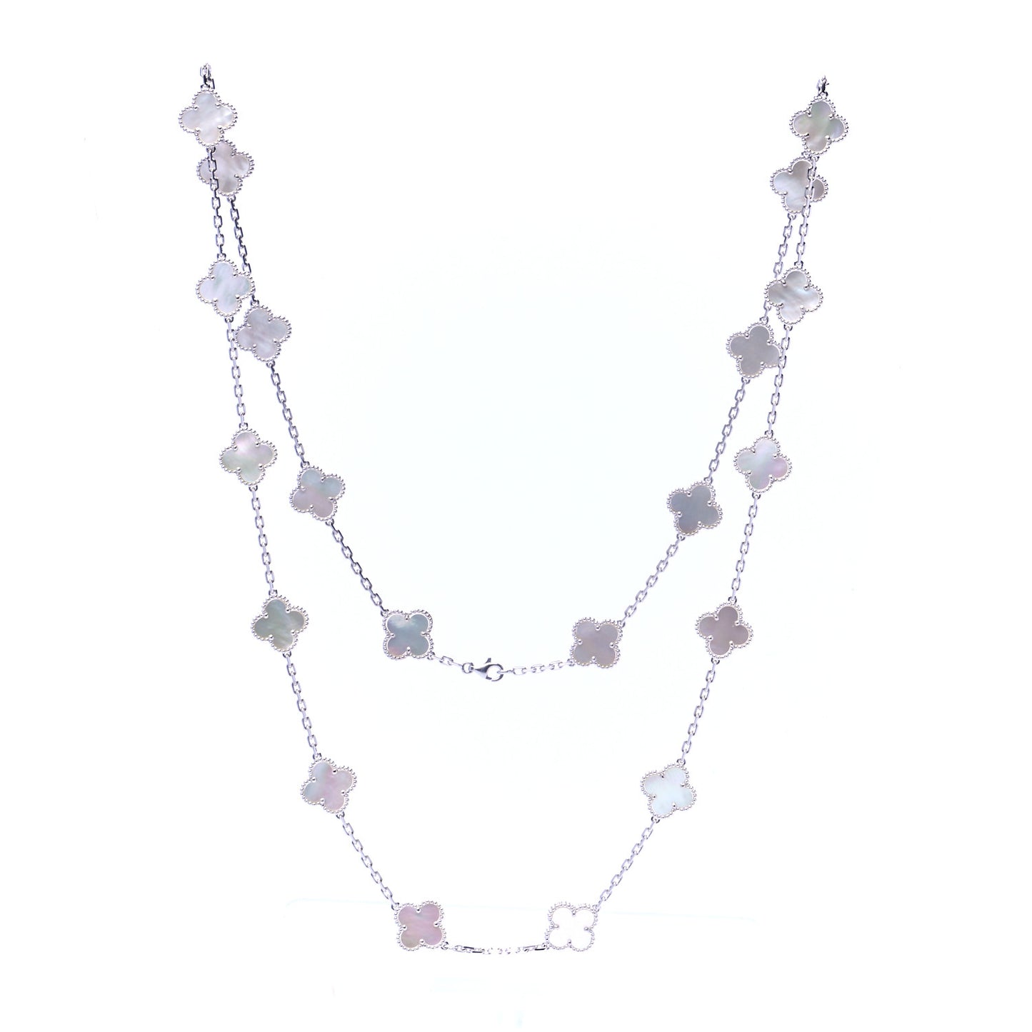 18K White Gold Mother of Pearl 20 Motifs Vintage Alhambra Necklace