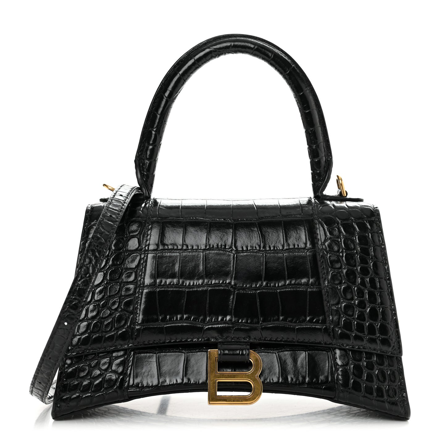 Shiny Calfskin Crocodile Embossed Small Hourglass Top Handle Bag Black