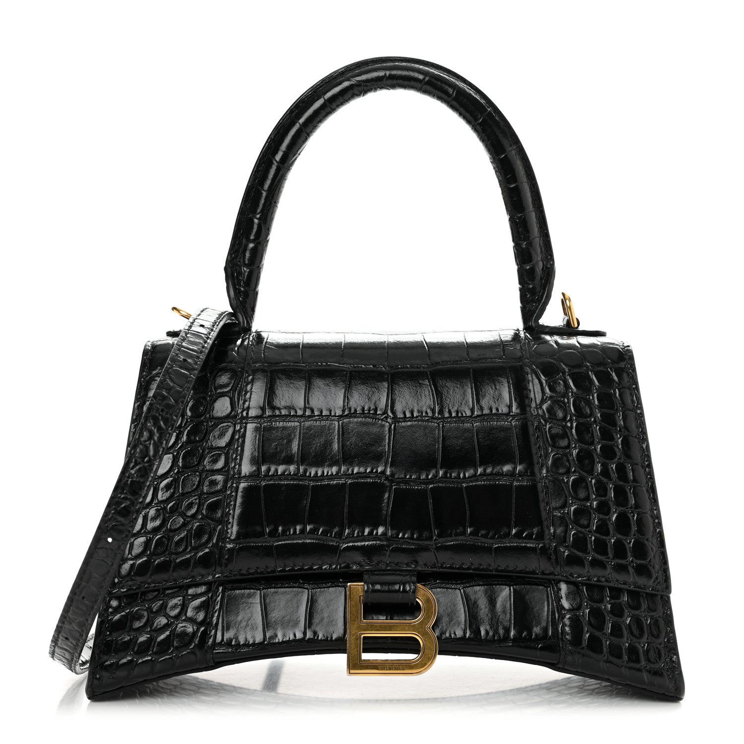 Balenciaga Shiny Calfskin Crocodile Embossed Small Hourglass Top Handle Bag Black 1 of 12