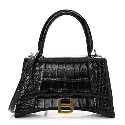 Balenciaga Shiny Calfskin Crocodile Embossed Small Hourglass Top Handle Bag Black 1 of 12