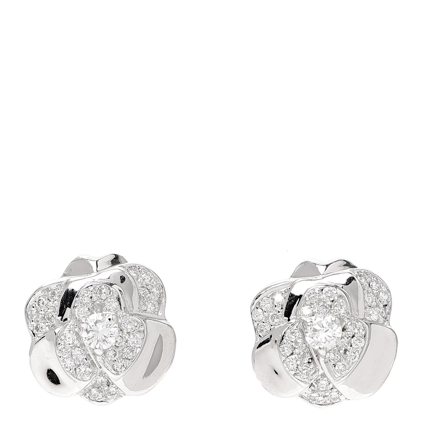 Chanel 18K White Gold Diamond .62ctw Camelia Stud Earrings 1 of 5