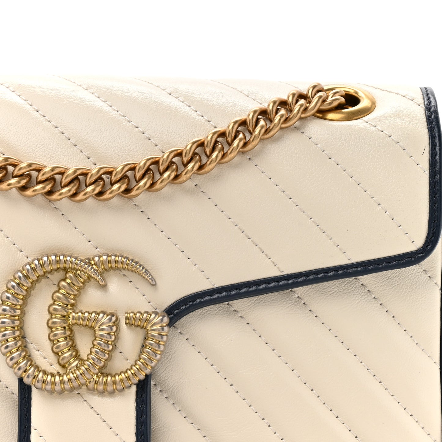 Vintage Effect Calfskin Matelasse Diagonal Small Torchon GG Marmont Shoulder Bag Mystic White Blue Agata