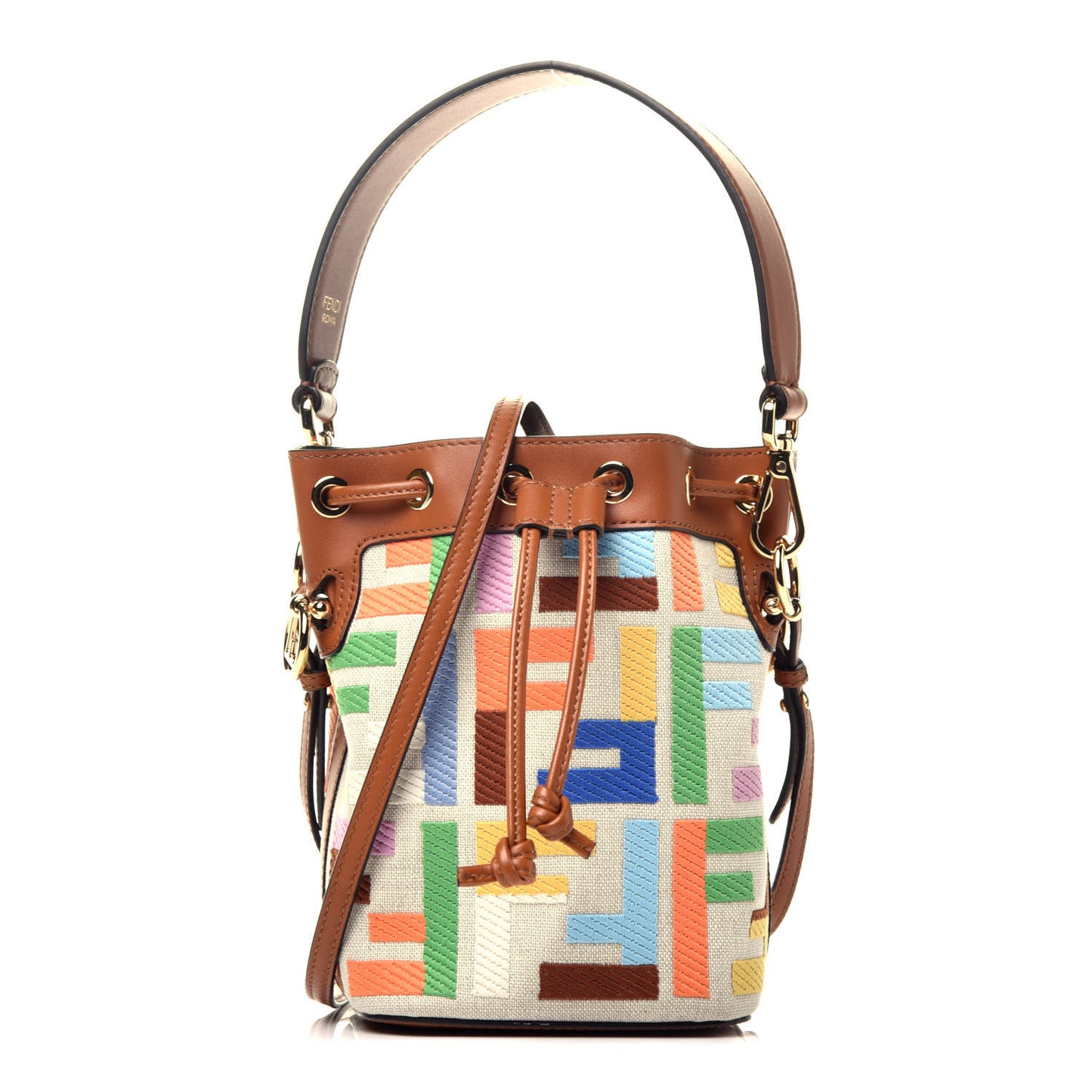 Kuban Canvas Vitello King F is Fendi FF Embroidered Mini Mon Tresor Bucket Bag Multicolor Cuoio