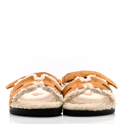 Hermes Suede Goatskin Woolskin Womens Chypre Sandals 39.5 Brun Fume Ecru 2 of 9