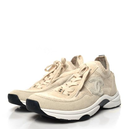 Chanel Knit Fabric Suede Calfskin Womens CC Sneakers 38 Beige 3 of 8