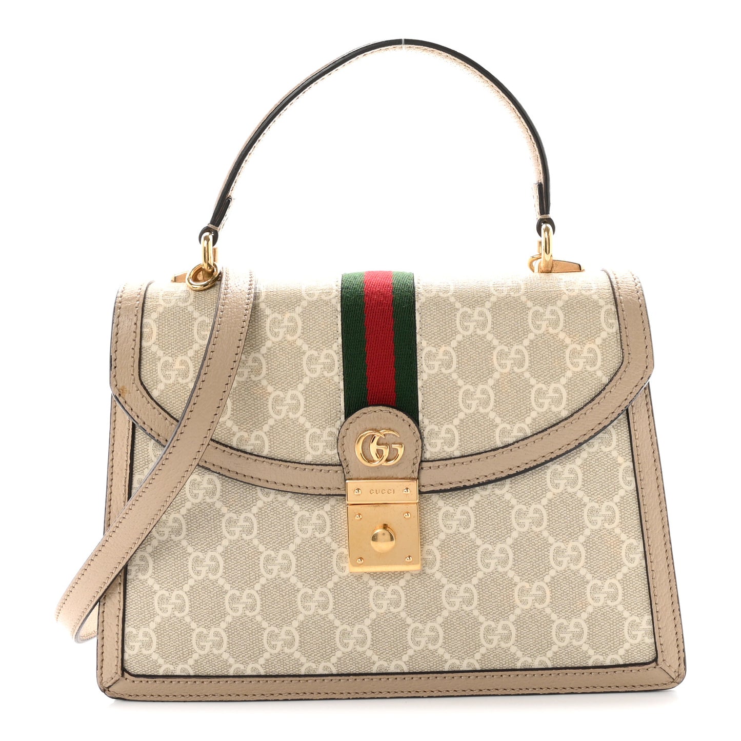GG Supreme Monogram Textured Dollar Calfskin Web Small Ophidia Padlock Top Handle Bag Beige Mystic White Oatmeal