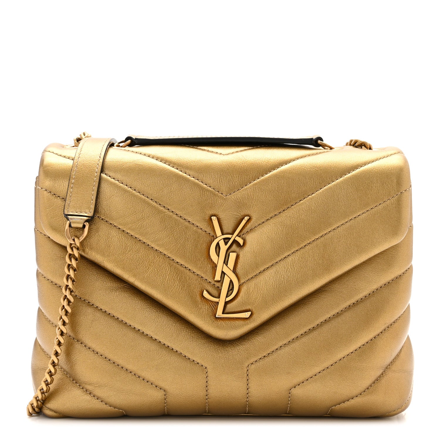 Saint Laurent Metallic Calfskin Y Quilted Small Loulou Monogram Chain Satchel Gold 1 of 12