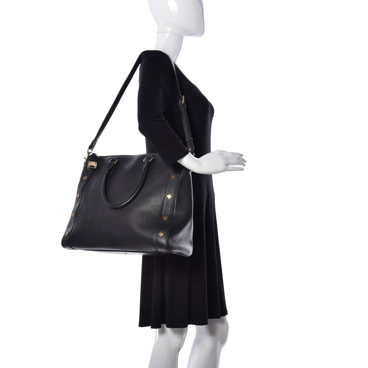 MCM Grained Calfskin Studded Tote Black 3 of 16