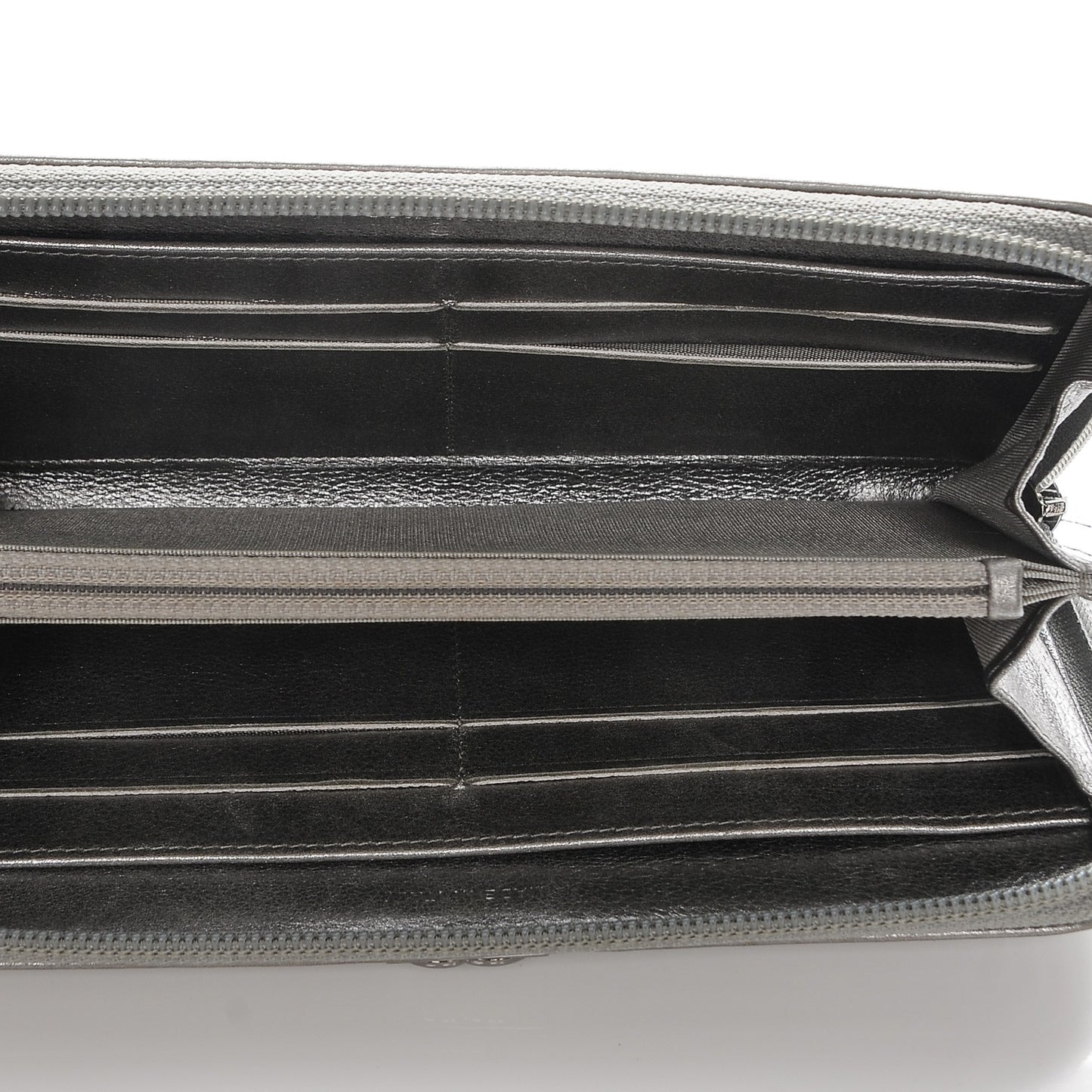 Metallic Calfskin Quilted Boy Zip Around Wallet Silver