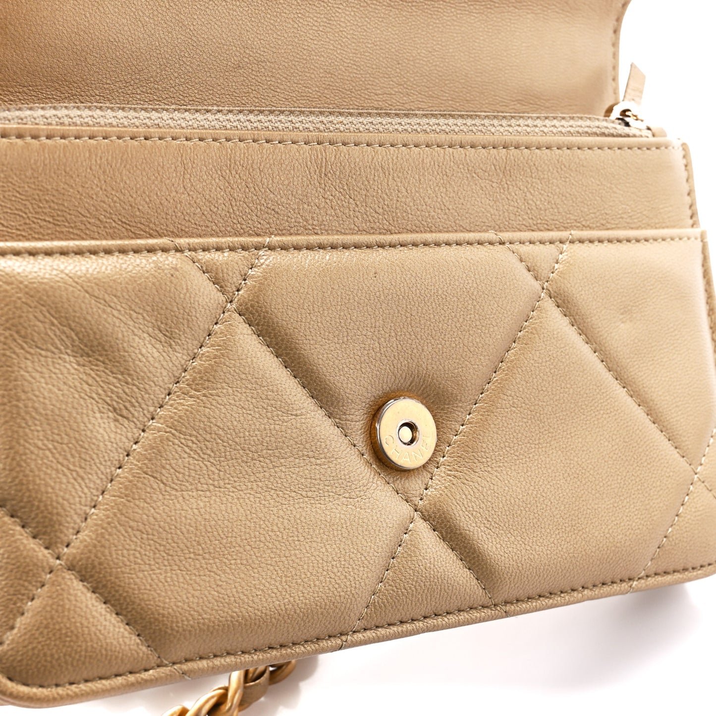 Metallic Goatskin Quilted Chanel 19 Wallet On Chain WOC Gold