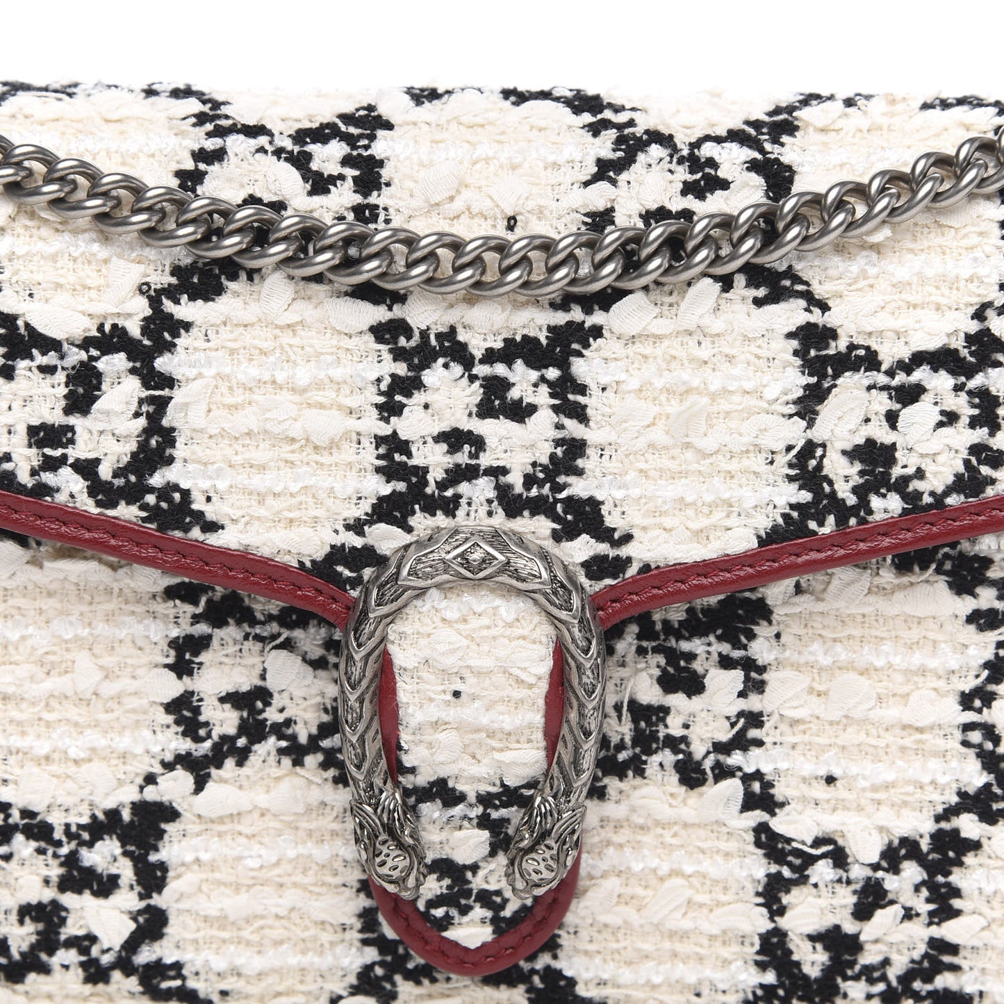 Tweed GG Monogram Mini Dionysus Chain Wallet White Black Romantic Cherry