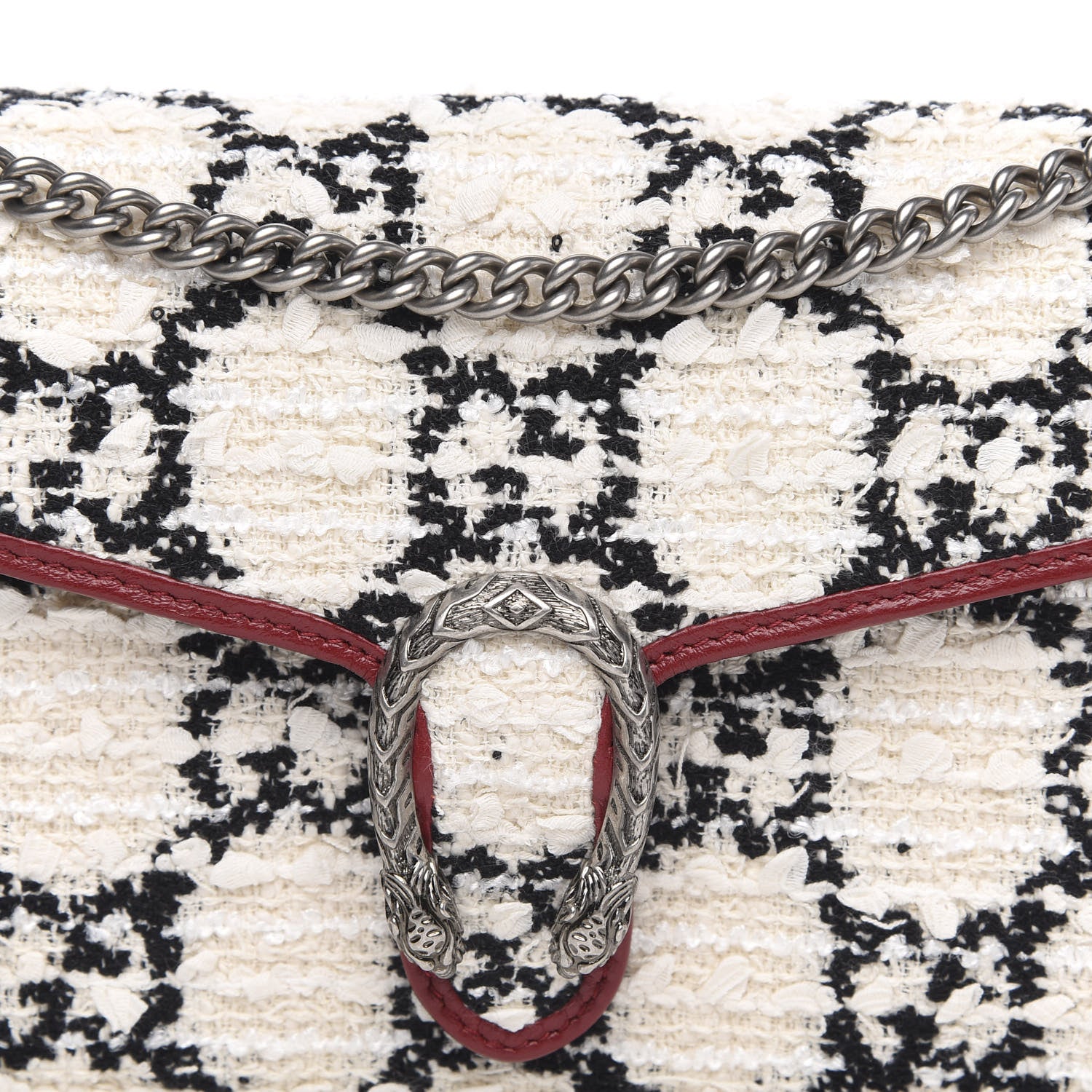 Gucci Tweed GG Monogram Mini Dionysus Chain Wallet White Black Romantic Cherry 10 of 11