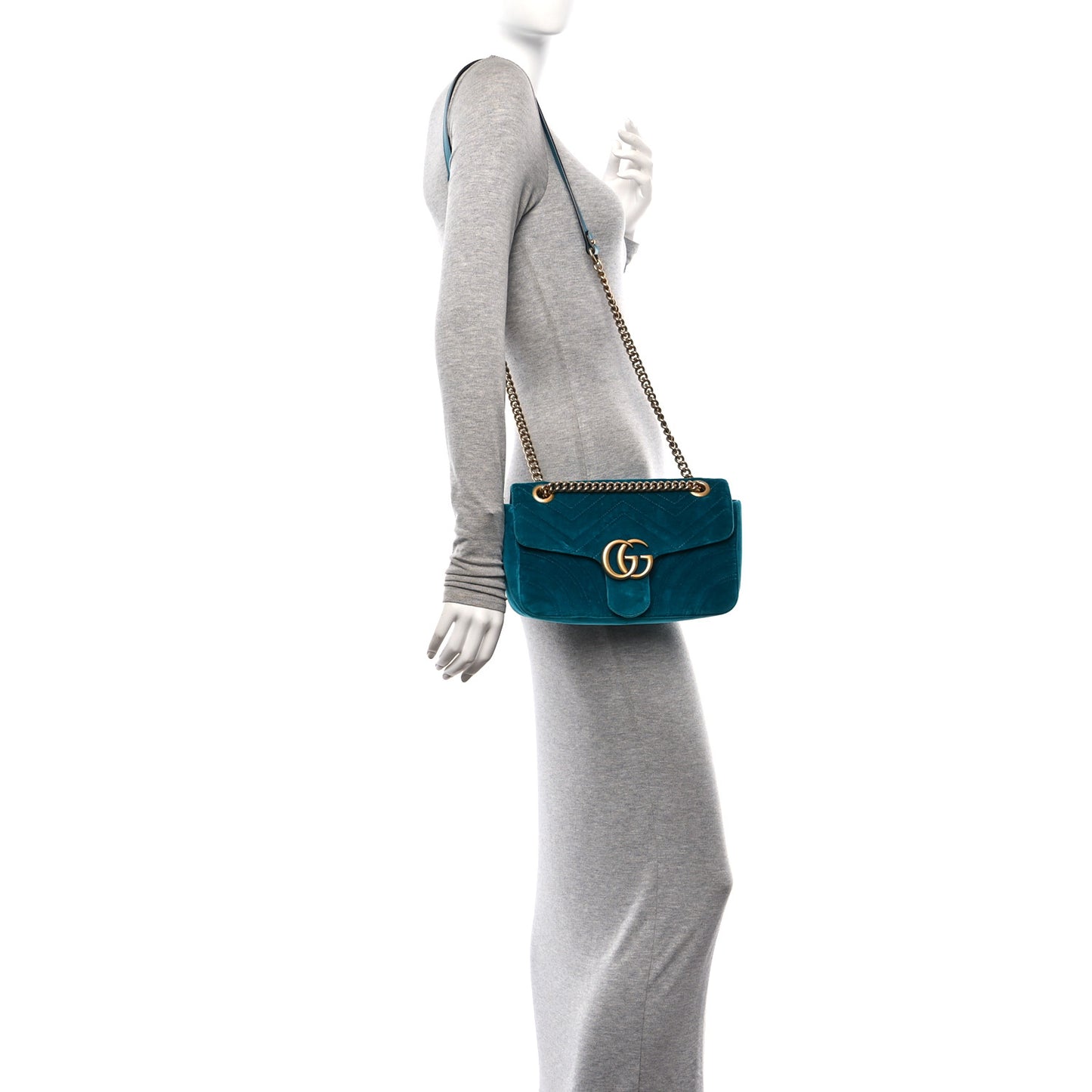 Velvet Matelasse Small GG Marmont Shoulder Bag Pavone Cyan