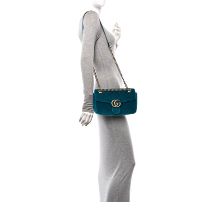 Gucci Velvet Matelasse Small GG Marmont Shoulder Bag Pavone Cyan 2 of 11