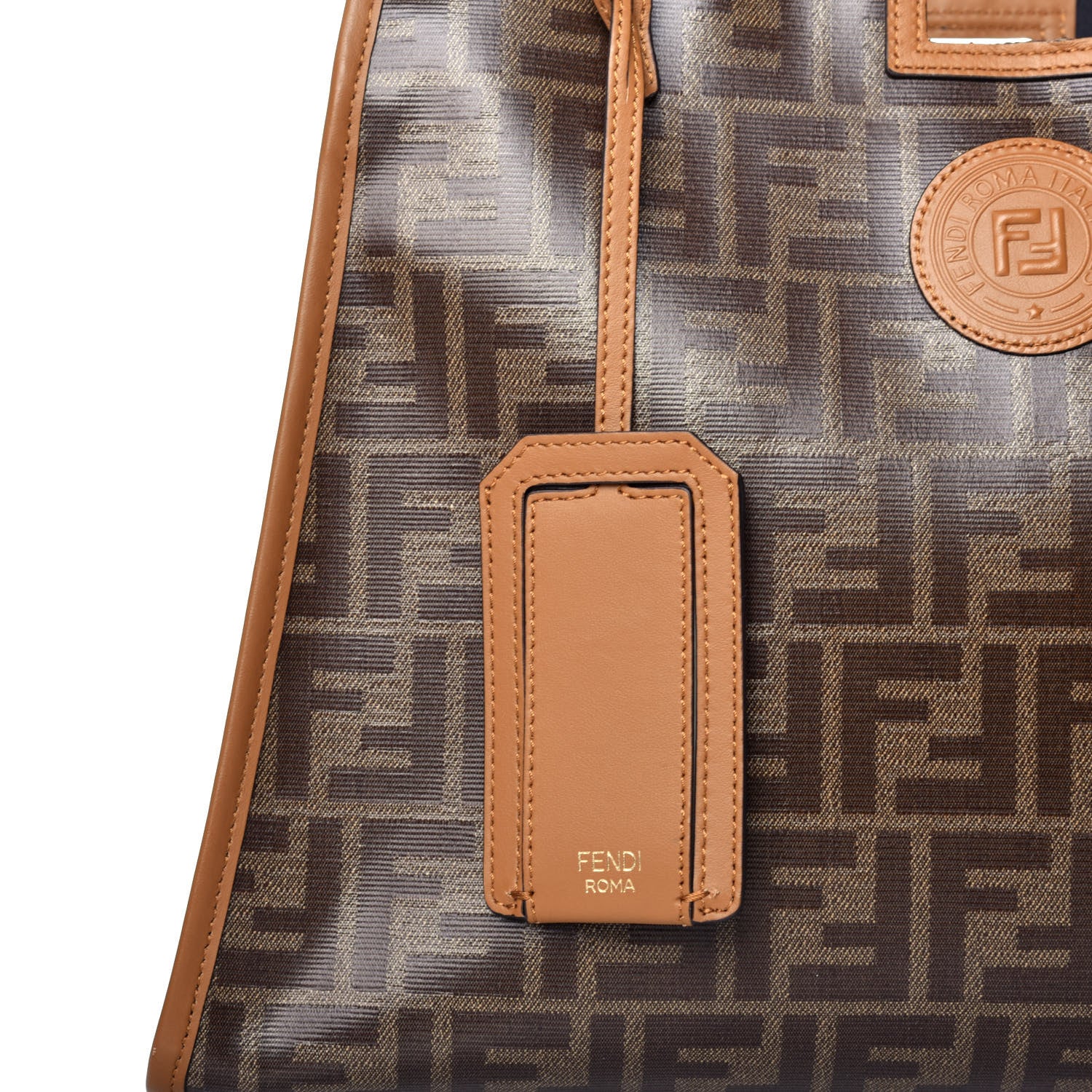 Fendi Glazed Fabric Vitello Century FF 1974 Stamp Patch Medium Peekaboo Defender Cover Mogano Panna Caramello 8 of 8