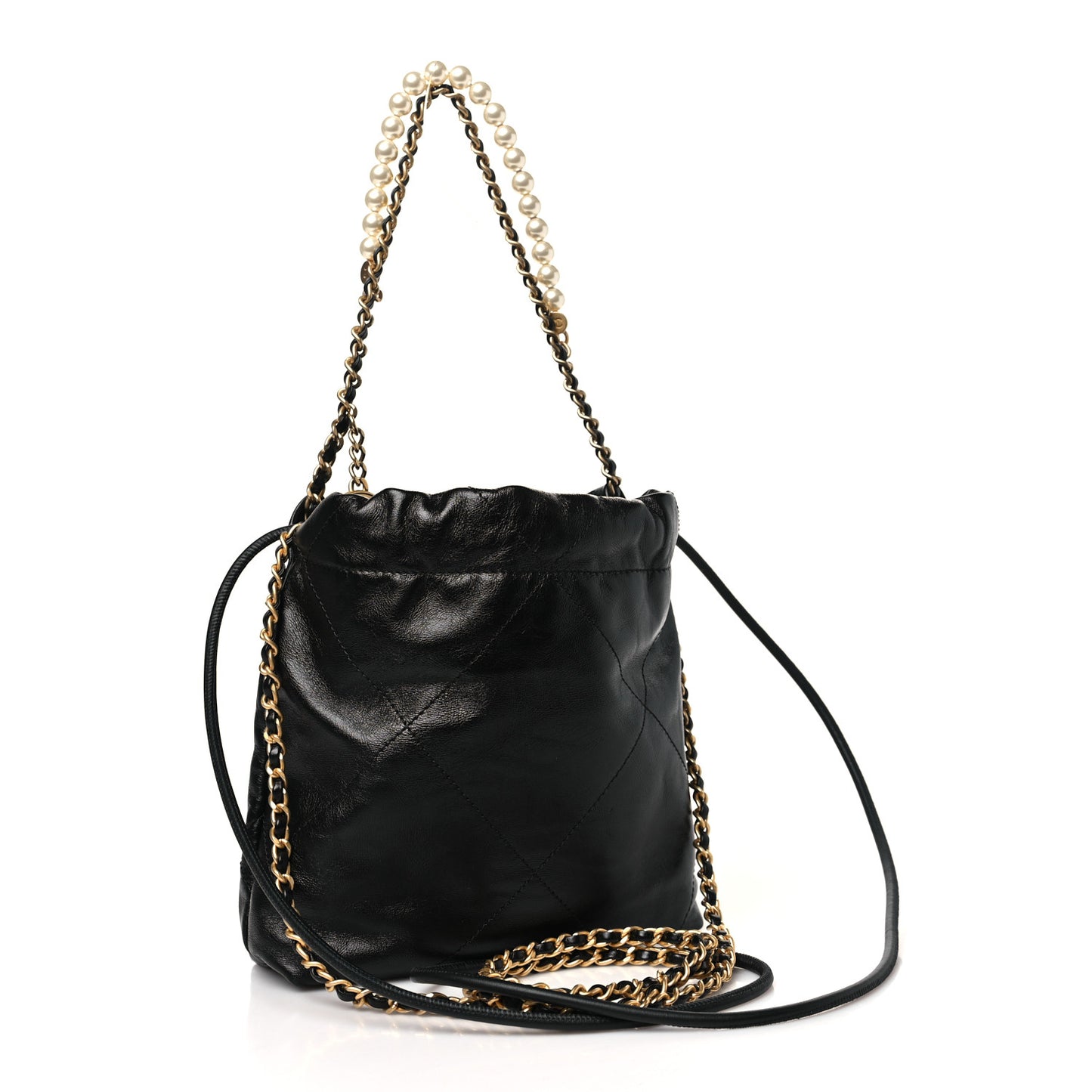 Shiny Crumpled Calfskin Quilted Pearl Mini Chanel 22 Black