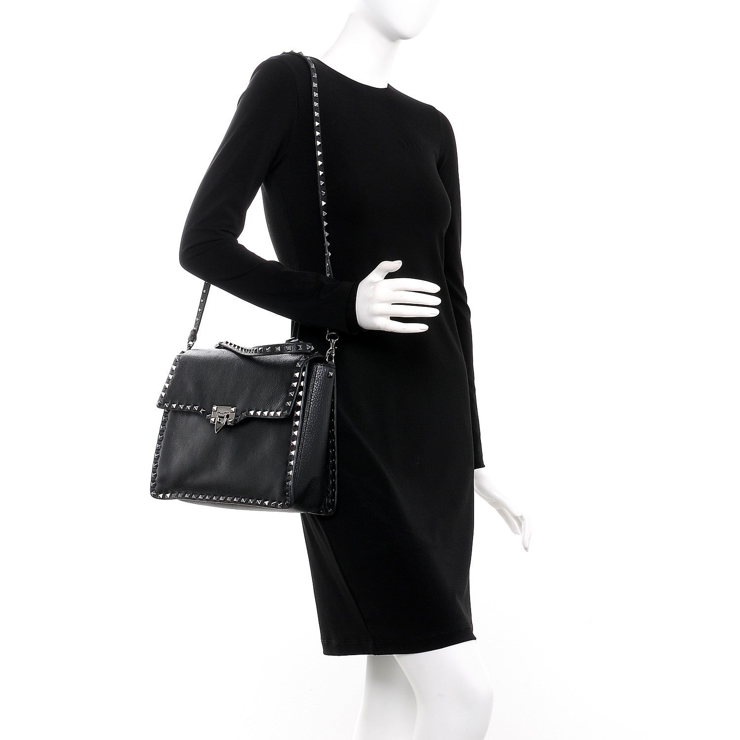 Valentino Garavani Alce Printed Calfskin Rockstud Top Handle Flap Shoulder Bag Black 2 of 7