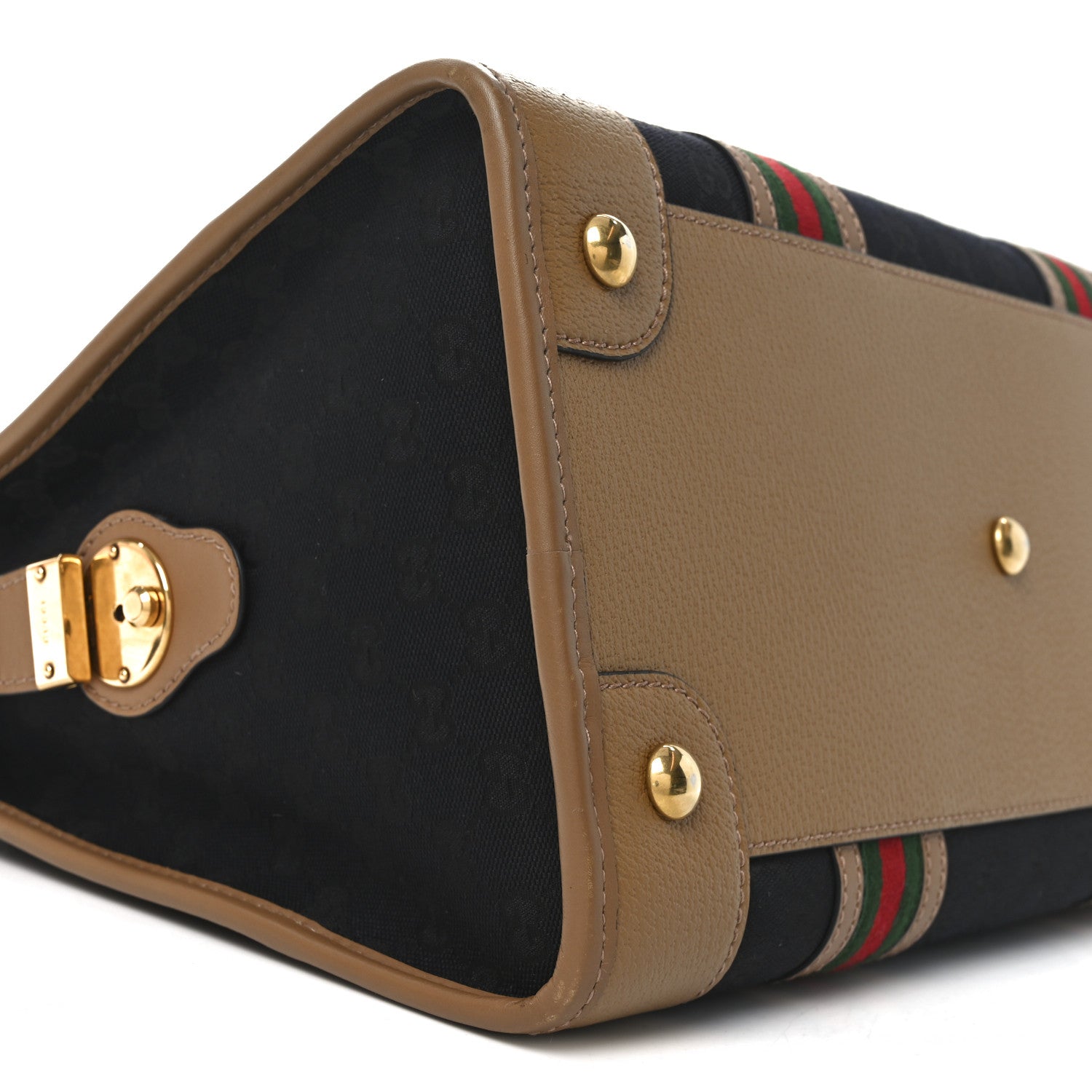 Gucci Monogram Textured Dollar Calfskin Web Large Bauletto Duffle Top Handle Bag Black Koi Beige 9 of 10