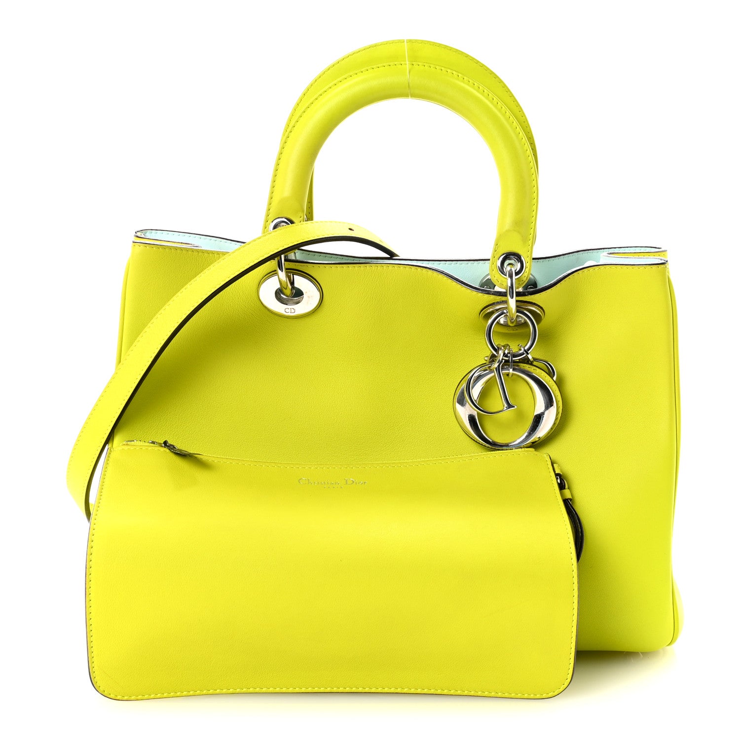 Christian Dior Smooth Calfskin Medium Diorissimo Tote Neon Yellow Light Blue 3 of 11