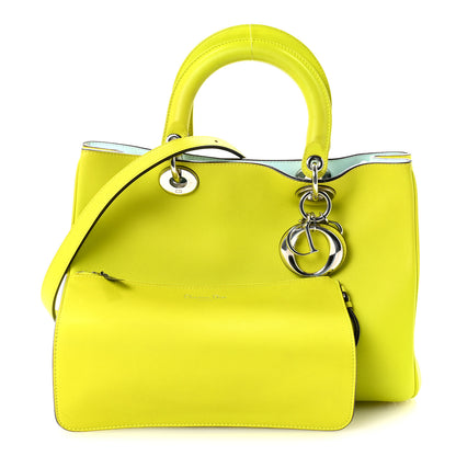 Christian Dior Smooth Calfskin Medium Diorissimo Tote Neon Yellow Light Blue 3 of 11