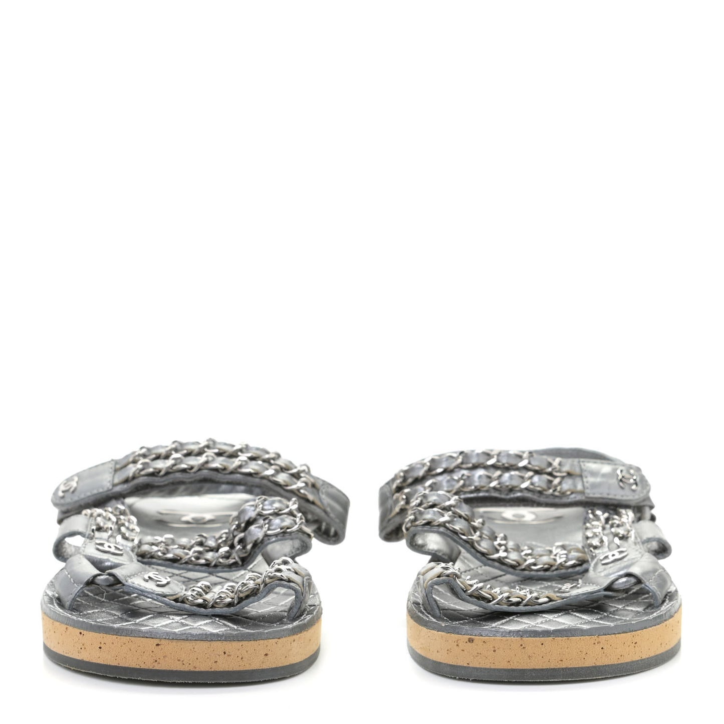 Metallic Calfskin Chain Flat Sandals 38 Silver
