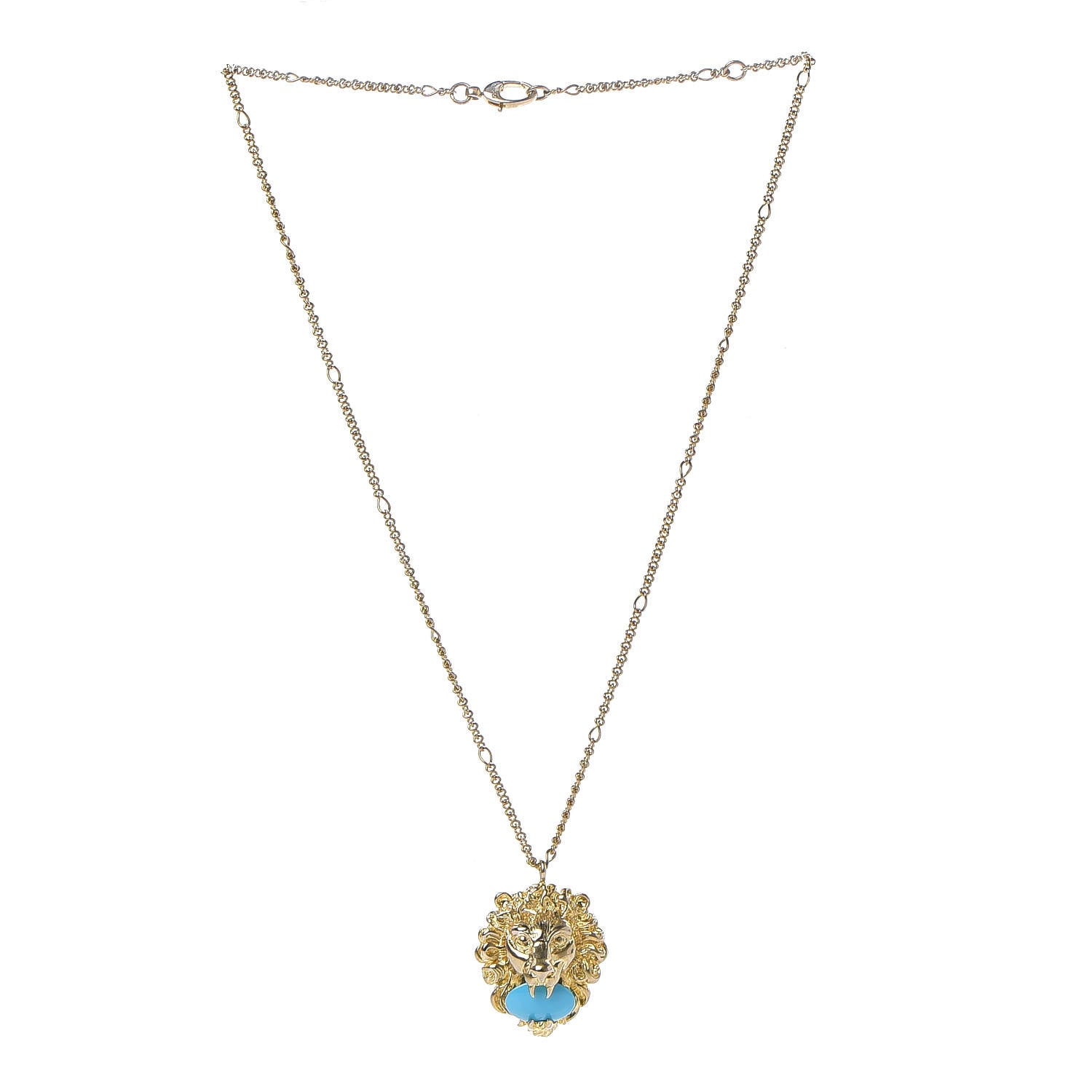 Gucci Metal Brass Swarovski Lion Head Necklace Gold Turquoise 3 of 5