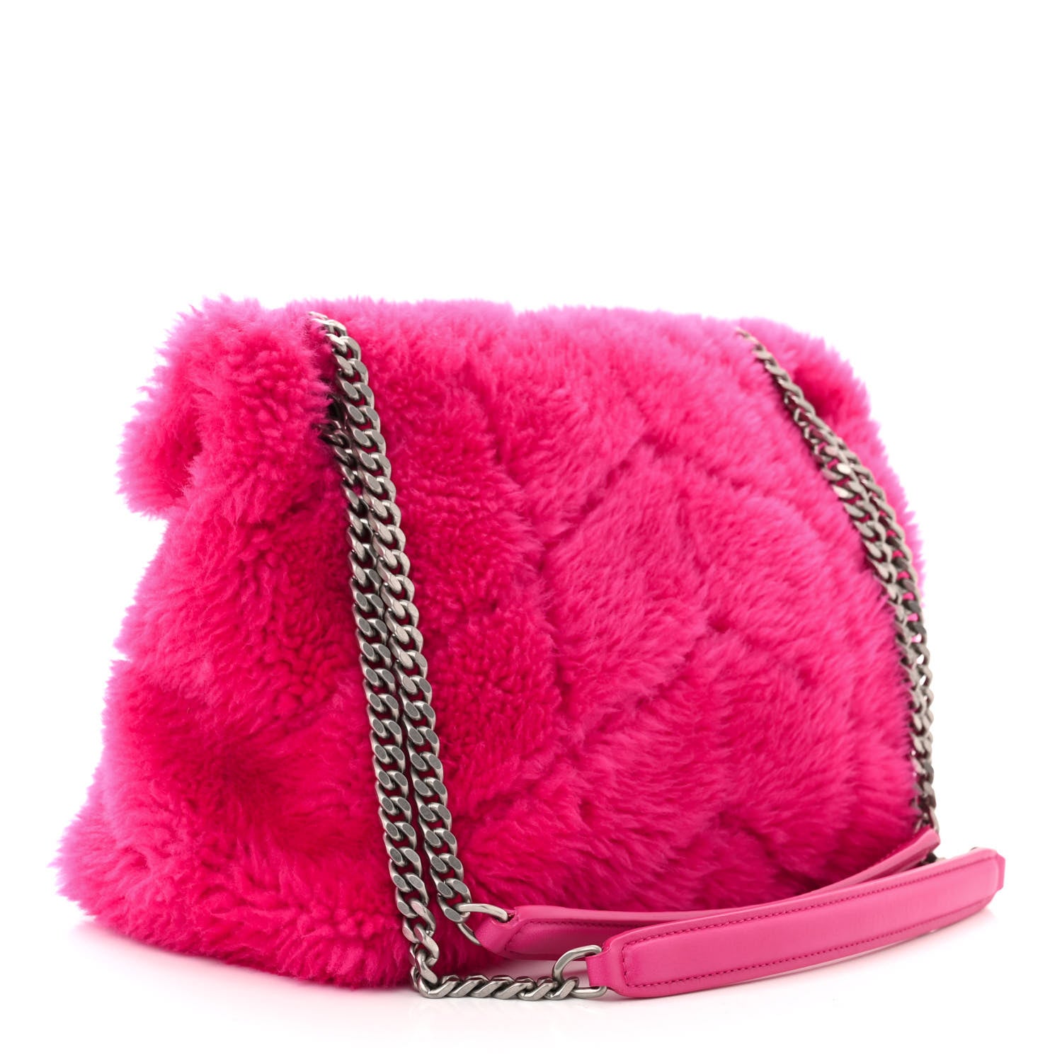 Saint Laurent Merino Shearling Lambskin Quilted Small Loulou Puffer Monogram Chain Satchel Fuchsia 3 of 10