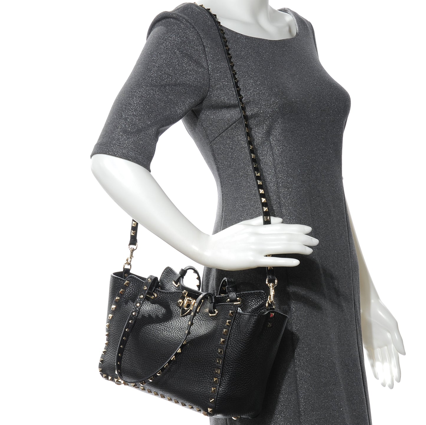 Grained Calfskin Small Rockstud Tote Black