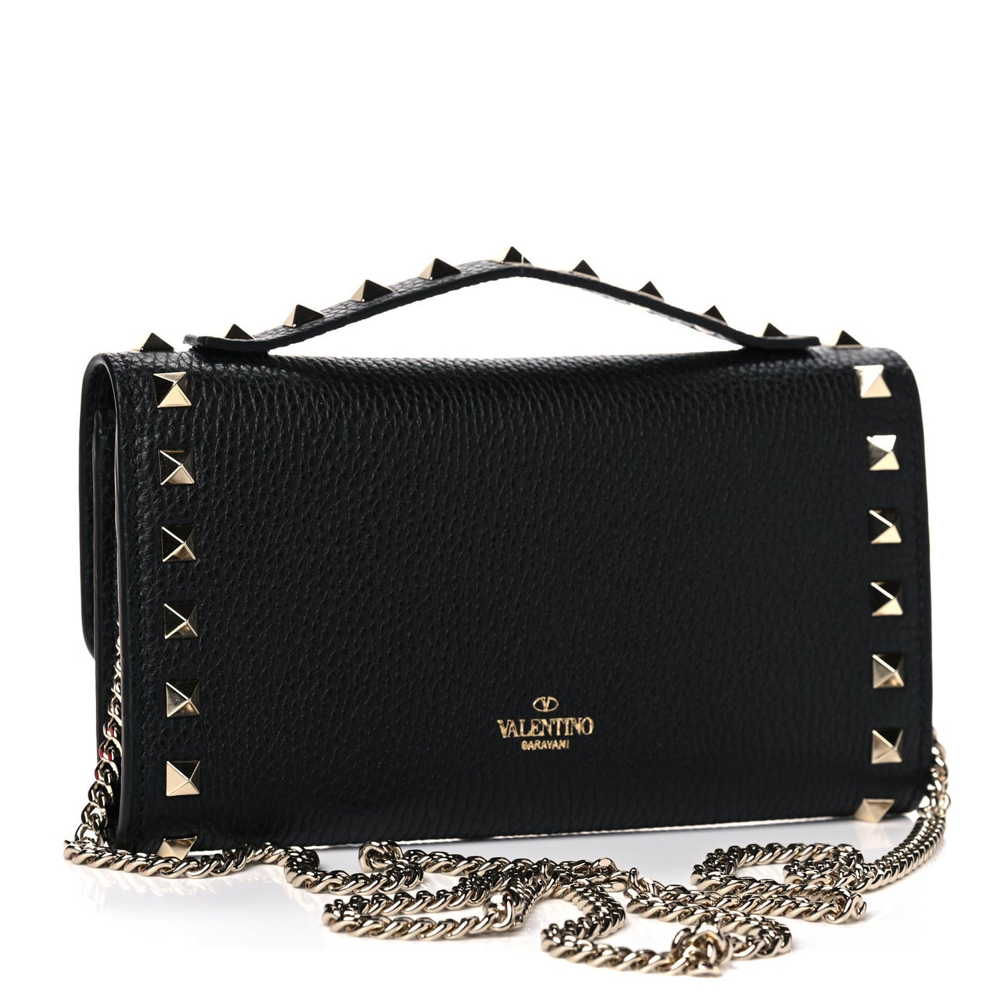 Pebbled Calfskin Rockstud Flip Lock Wallet On Chain Black