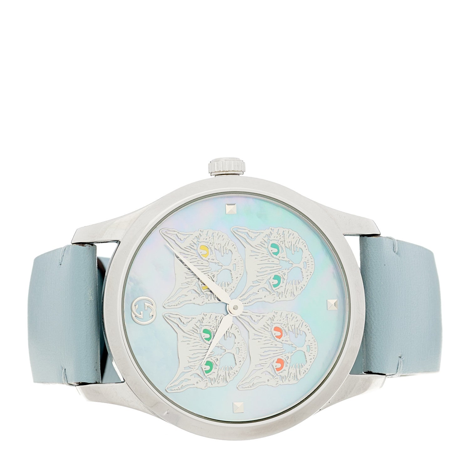 Gucci Stainless Steel Calfskin Blue Mother of Pearl 38mm G-Timeless Cat Quartz Watch 2 of 4