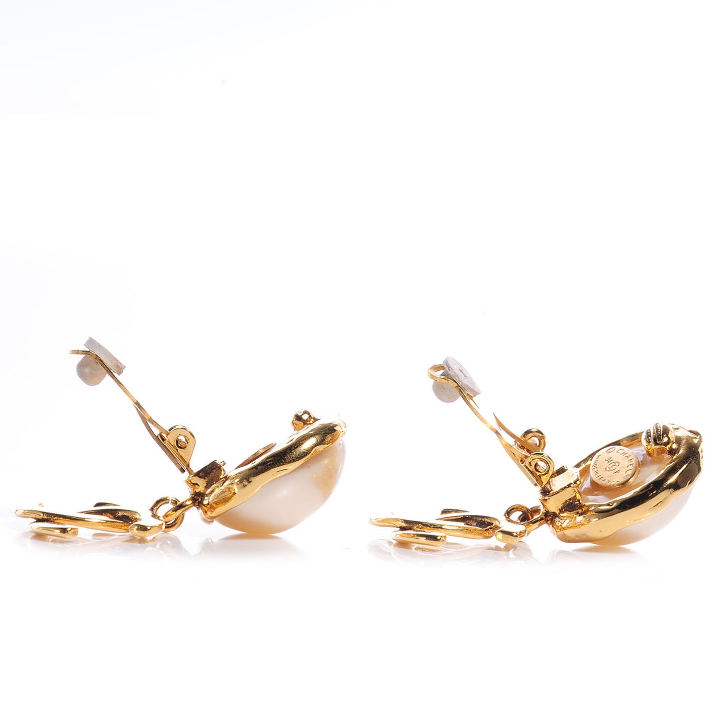 Gold And Pearl CC Drop Clip On Earrings