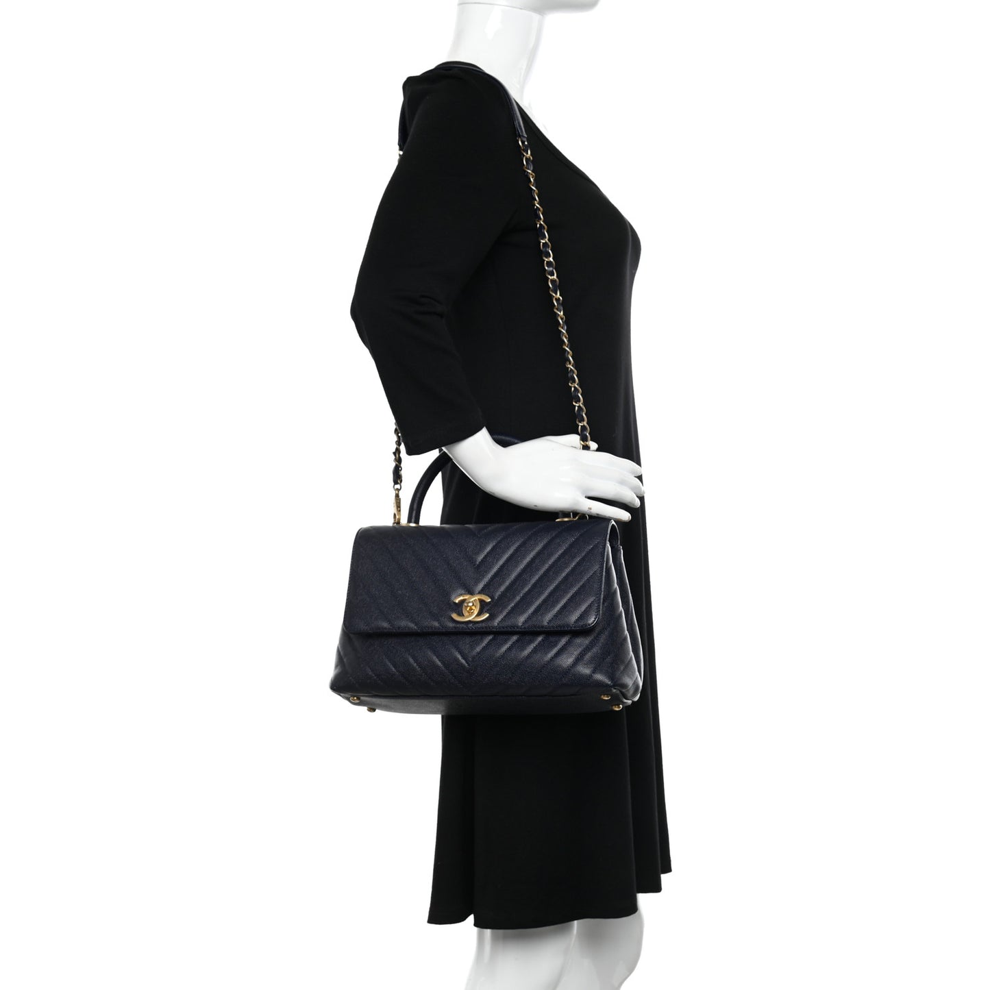 Caviar Chevron Quilted Small Coco Handle Flap Navy