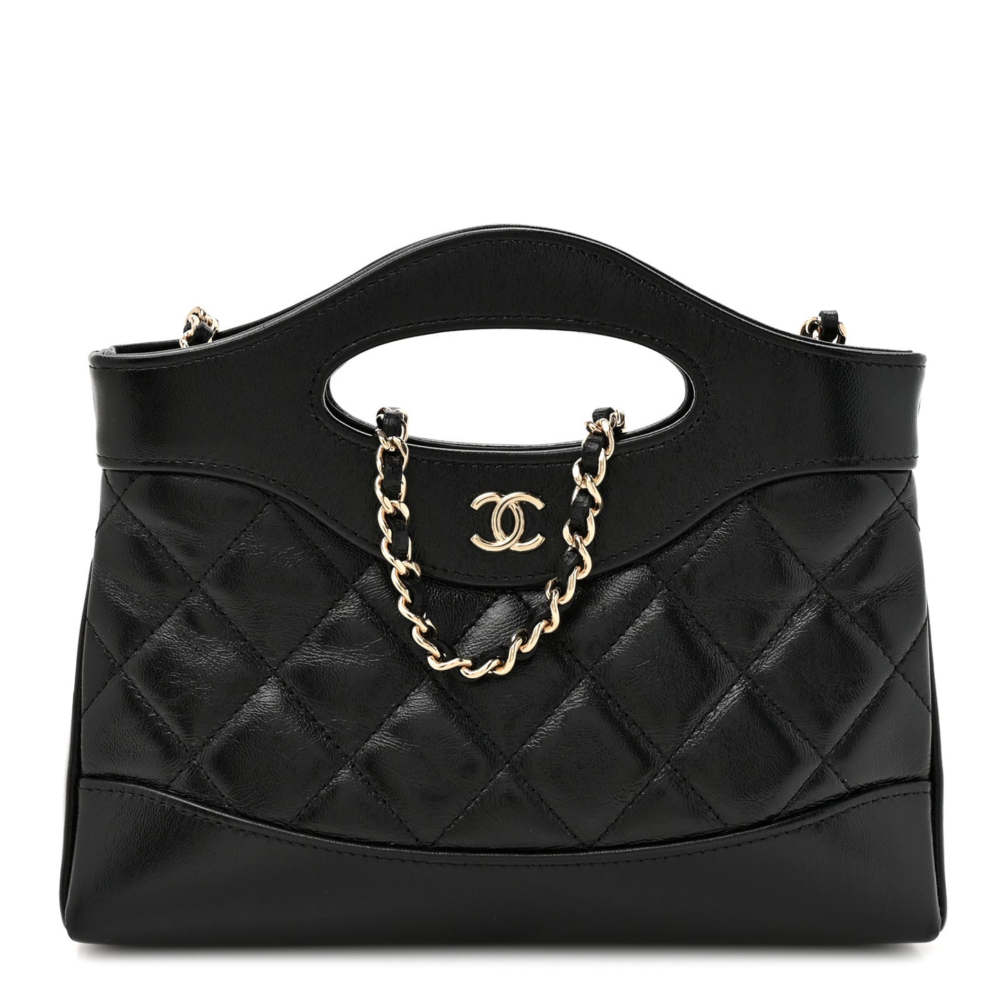 Shiny Crumpled Calfskin Quilted Nano 31 Shopping Bag Black