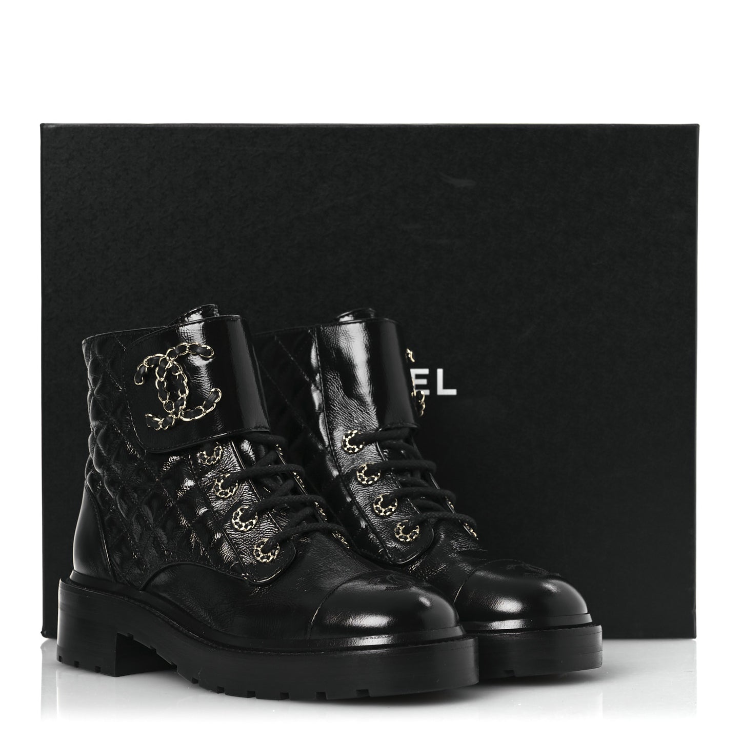Shiny Calfskin Quilted Lace Up Combat Boots 36 Black