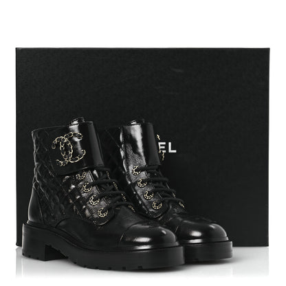Chanel Shiny Calfskin Quilted Lace Up Combat Boots 36 Black 12 of 12