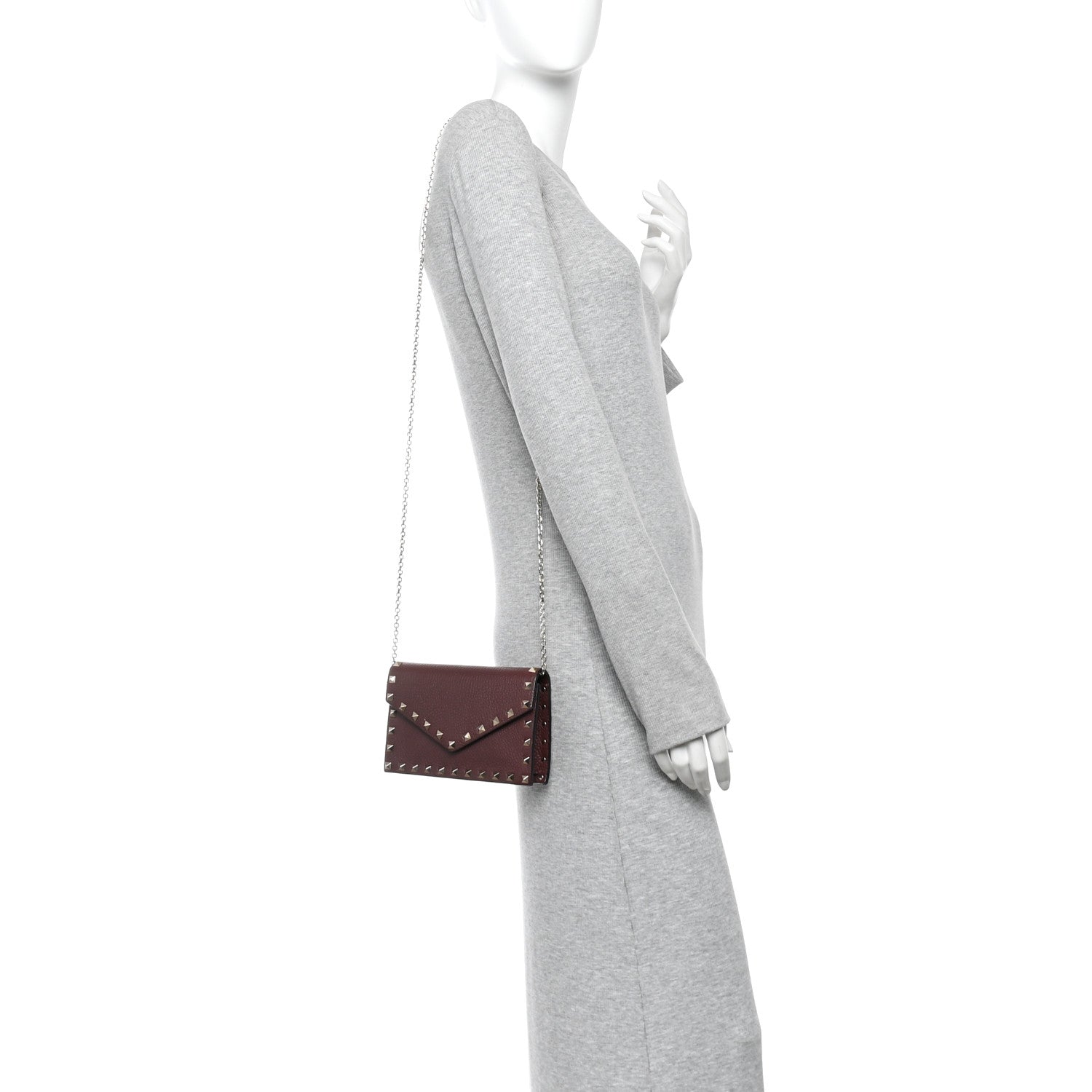 Valentino Garavani Pebbled Calfskin Rockstud Envelope Wallet on Chain Vinaccia 3 of 12