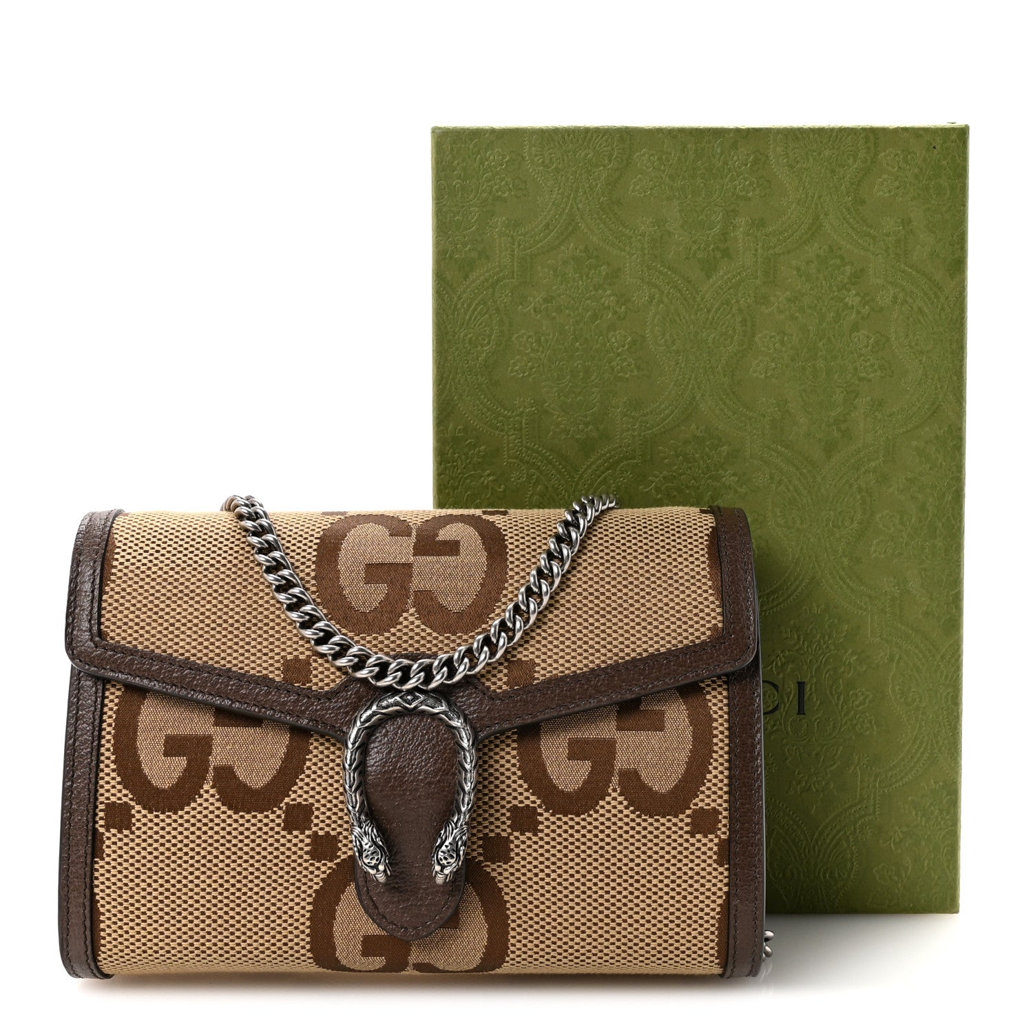 Gucci Monogram Jumbo GG Textured Dollar Calfskin Mini Dionysus Chain Wallet Camel Ebony New Acero 11 of 11
