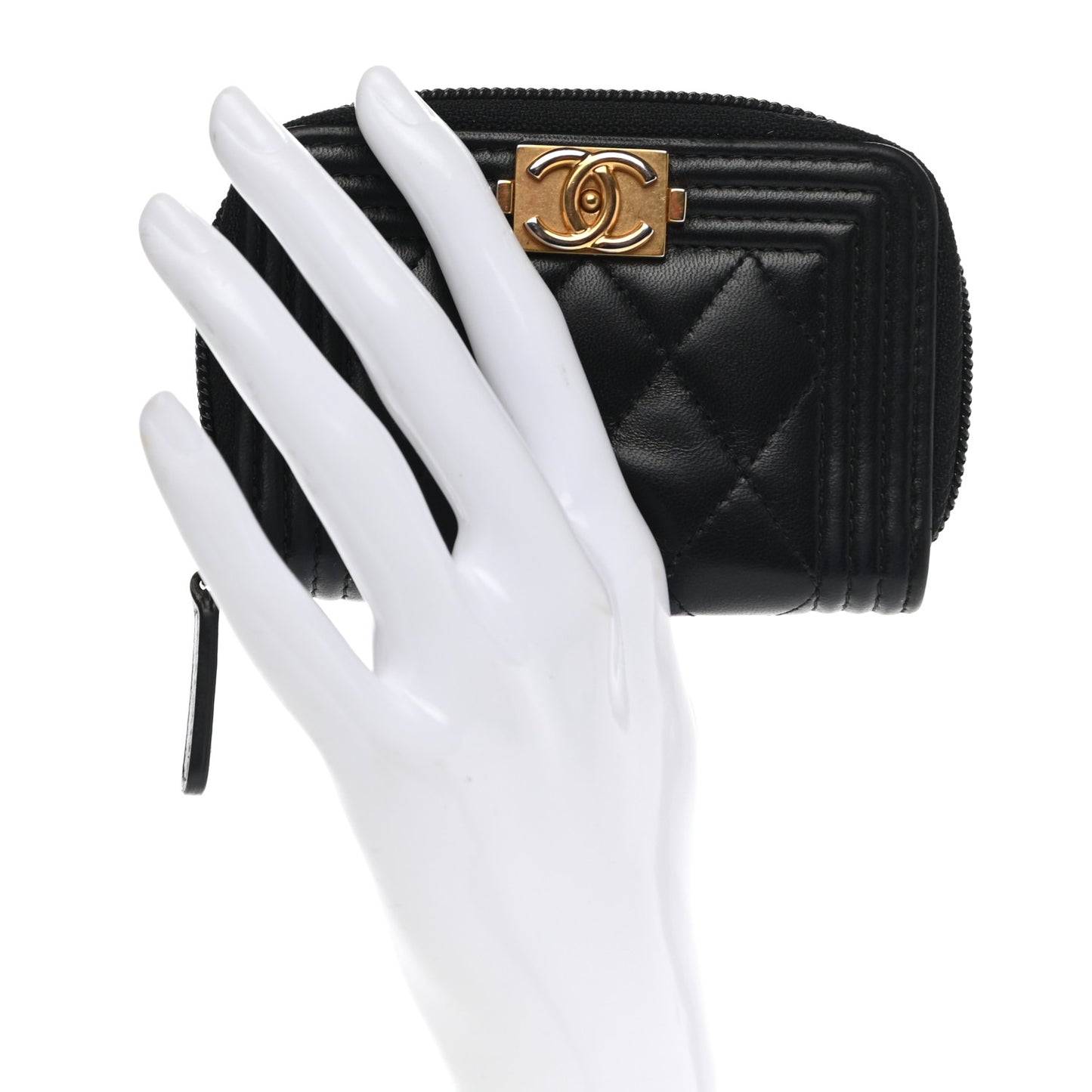 Lambskin Quilted Zip Around Boy Coin Purse Wallet Black