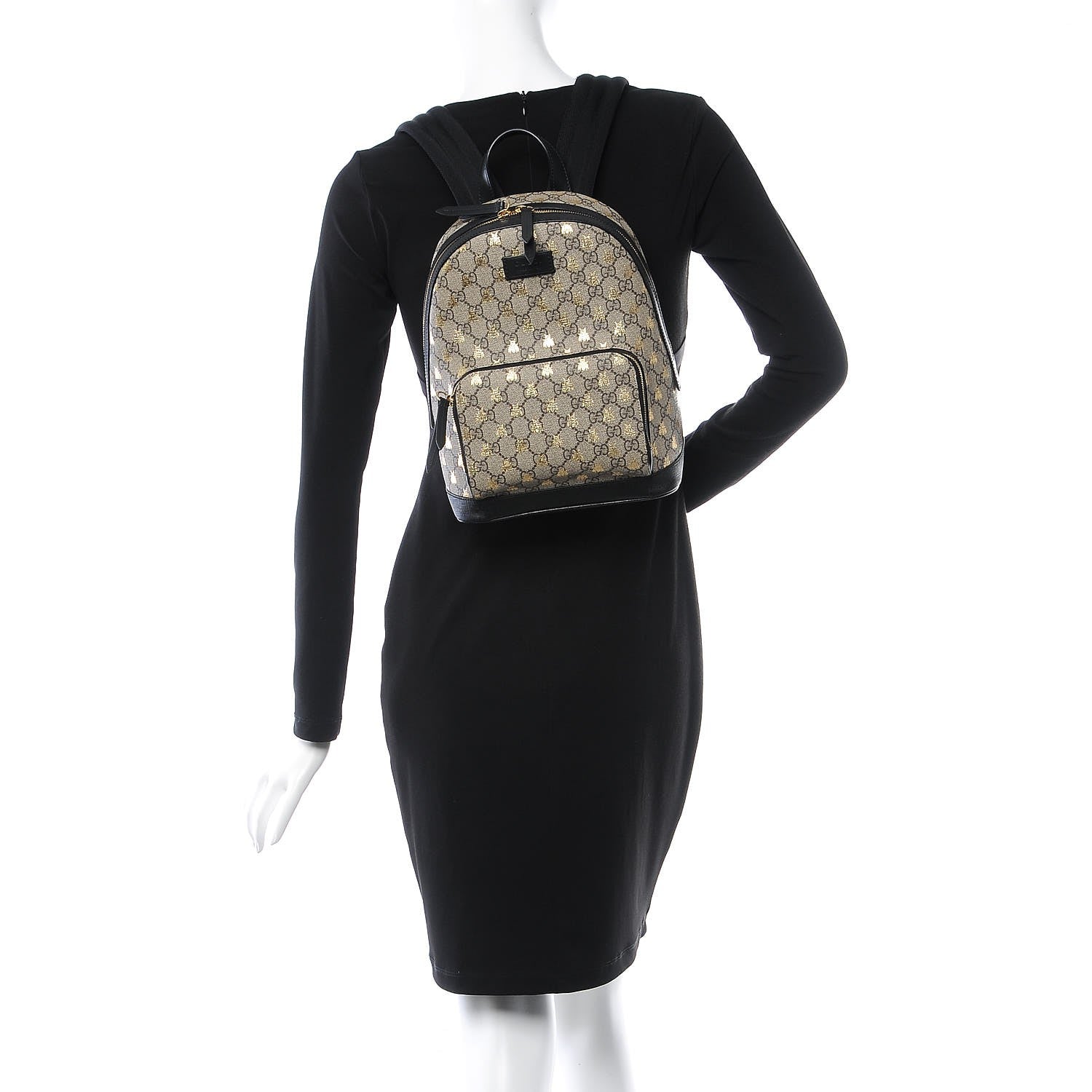 Gucci GG Supreme Monogram Bees Print Small Day Backpack Beige Oro Black 2 of 8