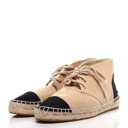 Chanel Lambskin Canvas Cap Toe Lace Up Espadrilles 38 Dark Beige Black 3 of 12