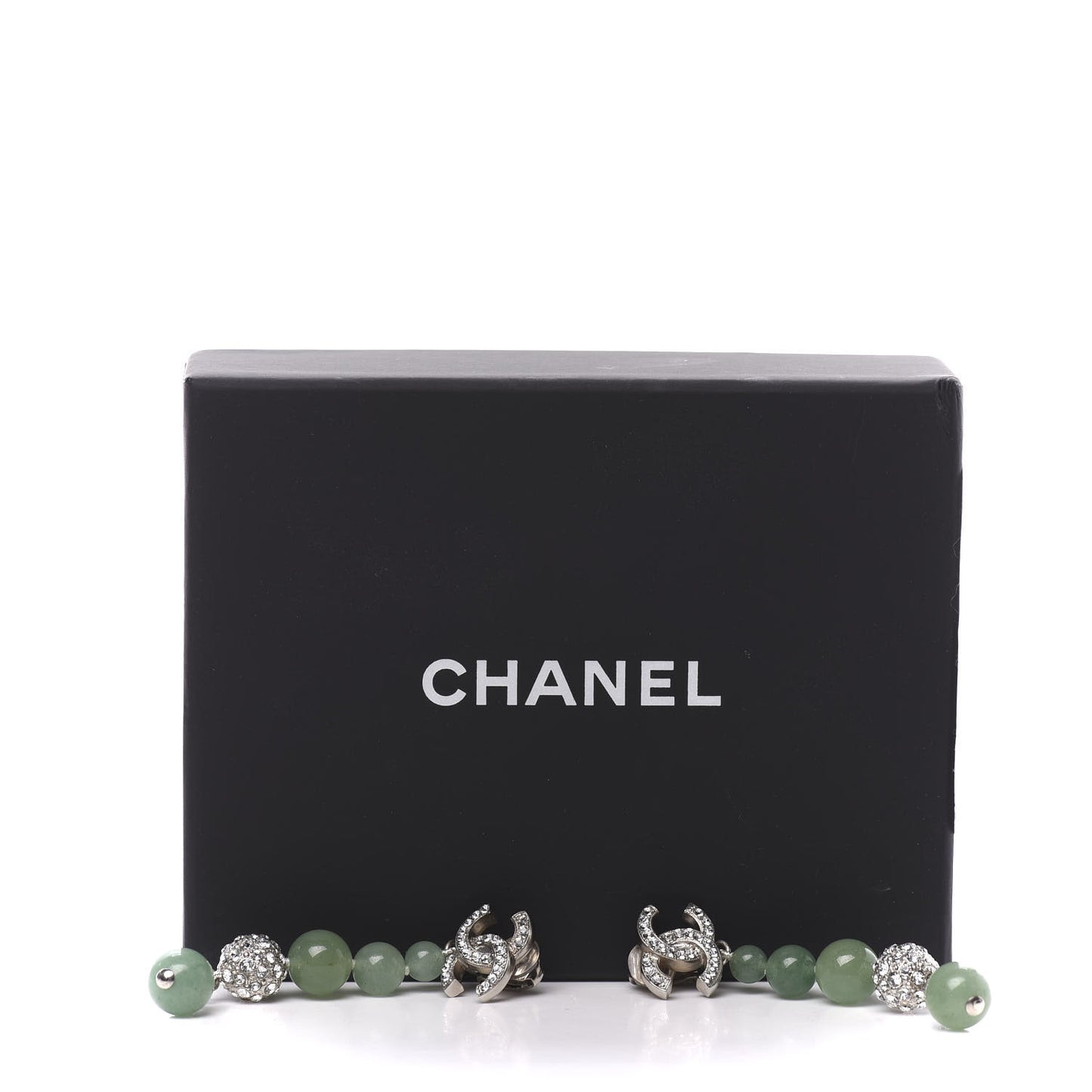 Crystal Beaded CC Long Drop Earrings Silver Green