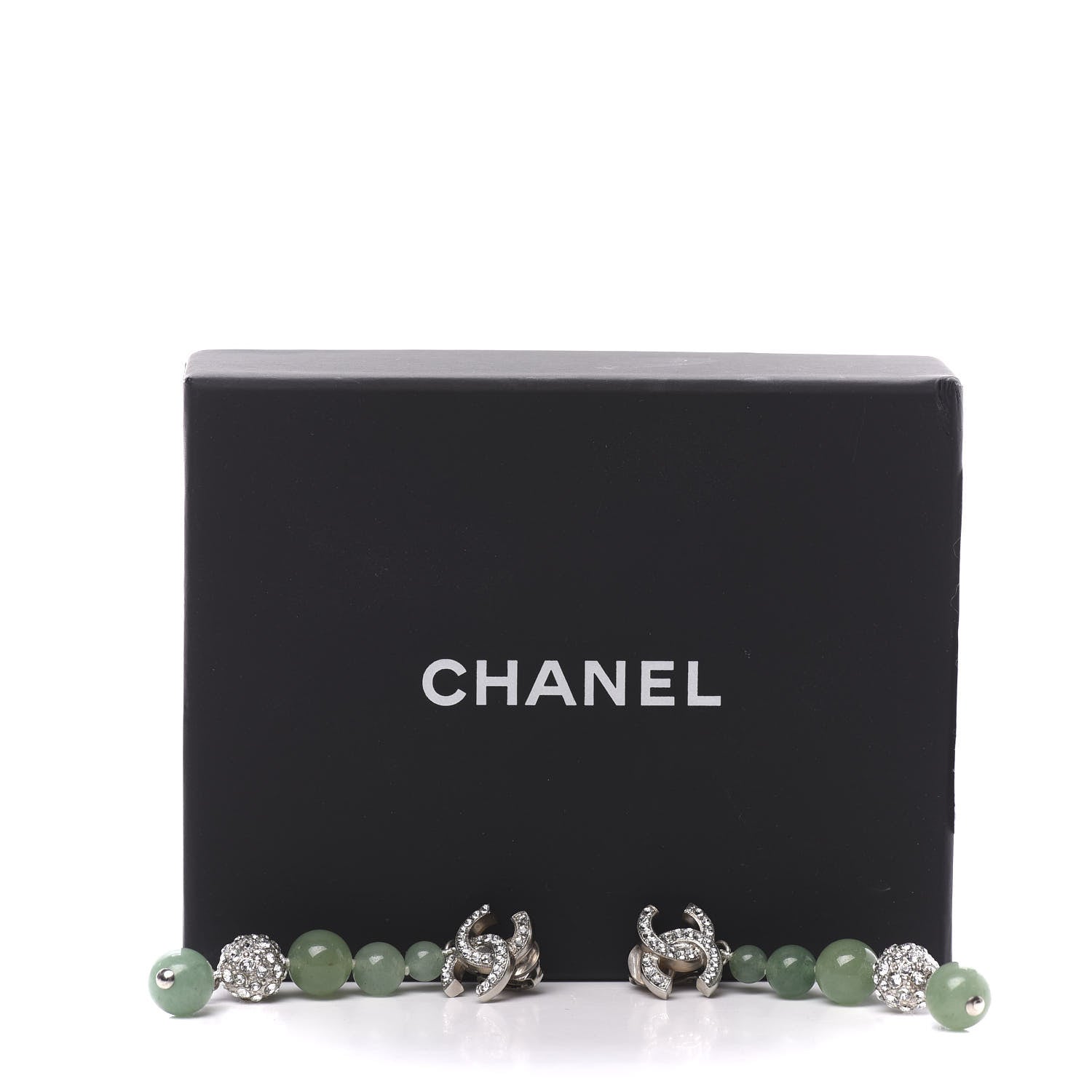 Chanel Crystal Beaded CC Long Drop Earrings Silver Green 5 of 5