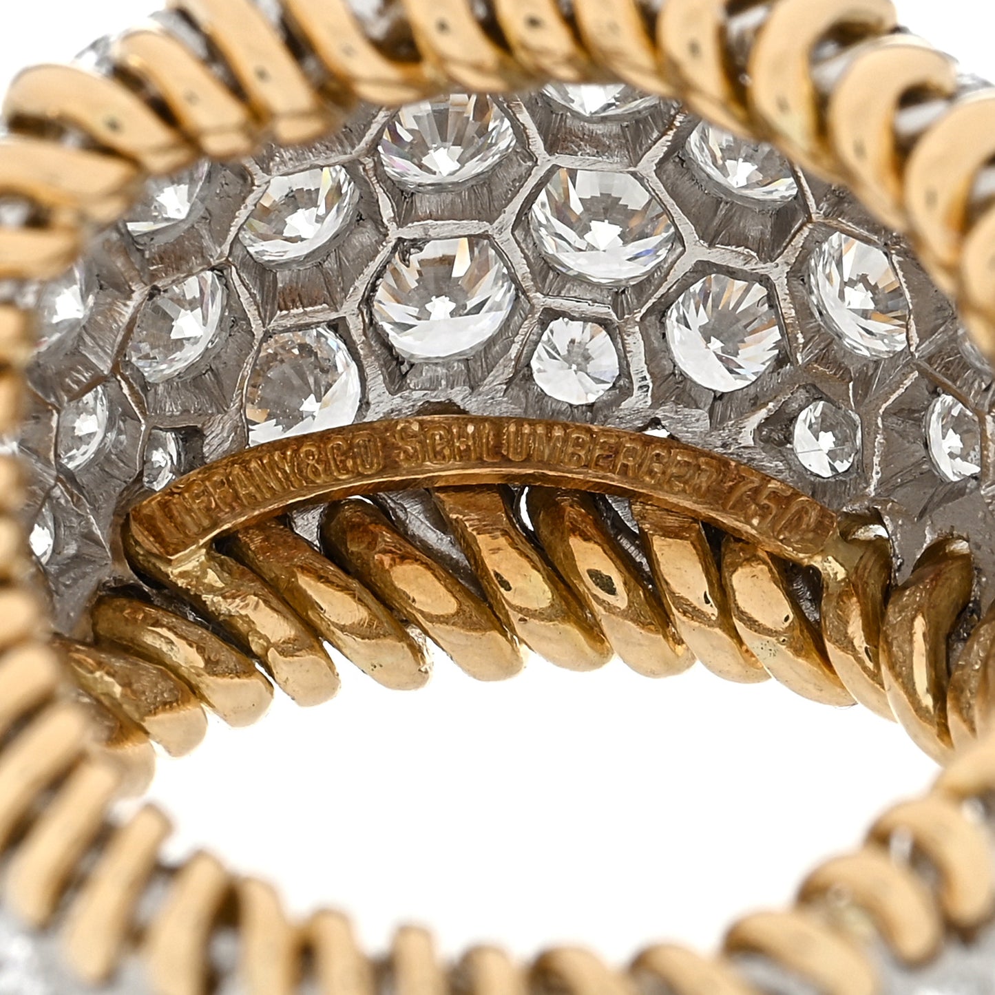 18K Yellow Gold Platinum Diamond Schlumberger Stitches Dome Ring 50 5.5